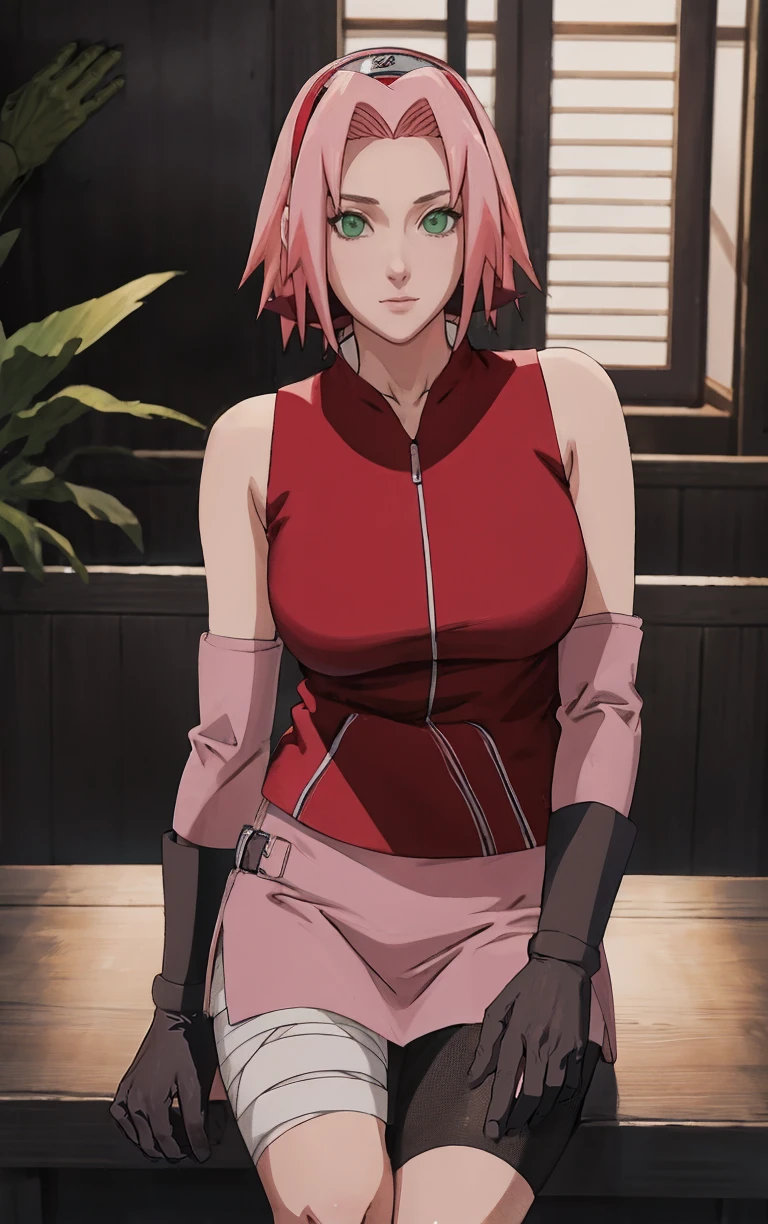 NARUTO_Sakura_Combat_ownwaifu,
1girl, haruno sakura, short hair, pink hair, green eyes, hair intakes, collarbone, forehead protector, headband, red hairband, konohagakure symbol,
bare shoulders, bandages, sleeveless jacket, red jacket, bike shorts, black shorts, leg wrap, bandaged leg, elbow pads, zipper,
<lora:NARUTO_SakuraHaruno_ownwaifu:0.8> ,
((masterpiece)),((best quality)),(highres, absurdres), original, official_art, bokeh, depth_of_field, wisteria, loaded_interior, potted_plant, window_shade, indoors, spotlight, night, focused, looking at viewer, solo, cowboy shot,