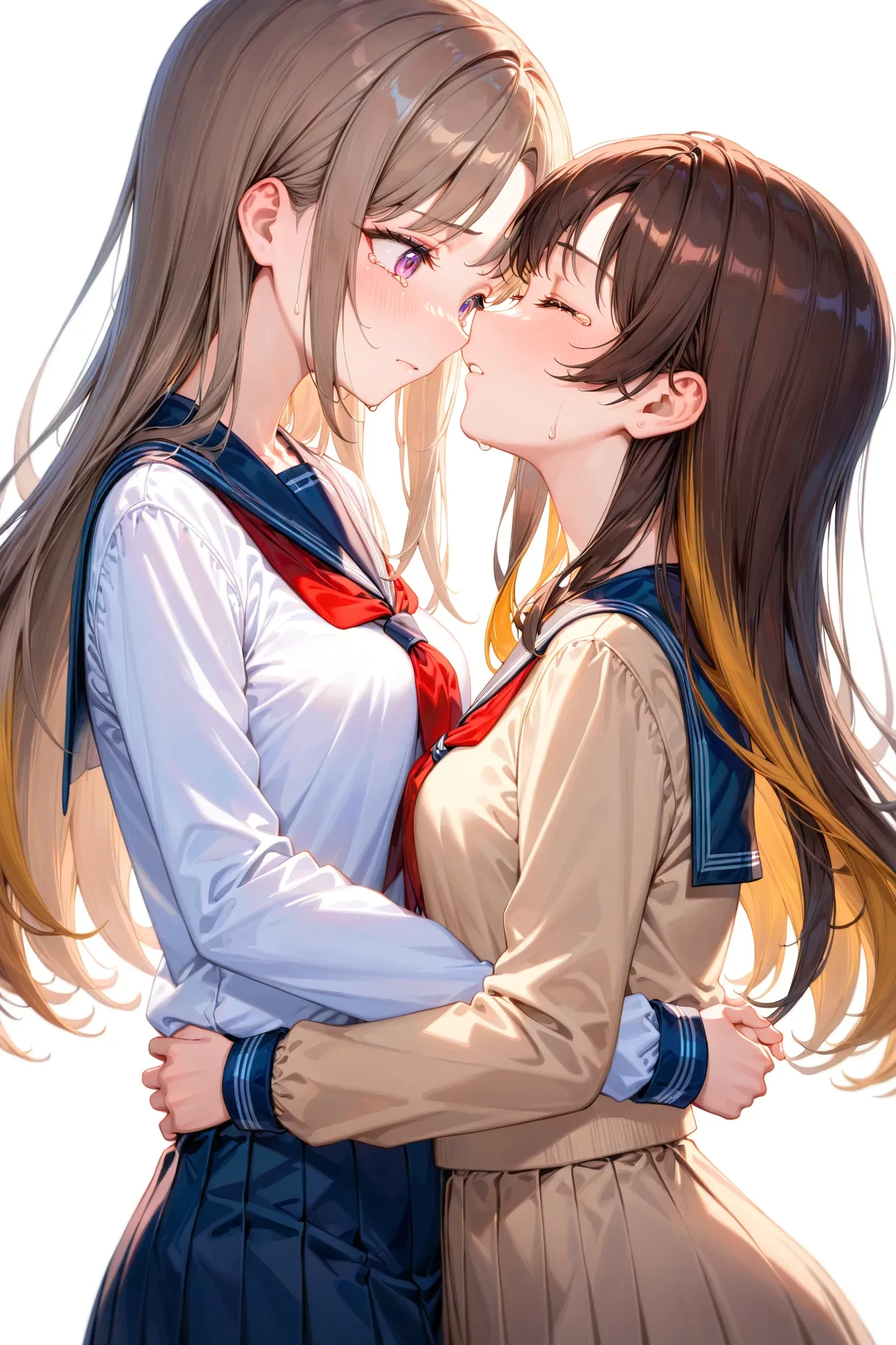 <lyco:InminentKiss-08:0.7> InminentKiss, long hair, blush, multiple girls, simple background, brown hair, 2girls, brown eyes, jewelry, school uniform, closed eyes, earrings, serafuku, yuri