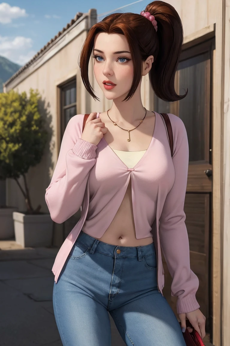 KittyPryde_Dress_ownwaifu,
1girl, brown hair, ponytail, necklace, jewelry, blue eyes,  lipstick,long sleeves, lips, long hair, medium breasts, blush, hair bun, scrunchie, makeup, red lips, hair ornament, 
jeans, denim,  shirt, blue pants, navel, capri pants, pink jacket, cardigan, 
<lora:CARTOON_X_MEN_Evolution_KittyPryde_ownwaifu:0.9> 
(masterpiece),(best quality),(highres),(extremely detailed CG unity 8k wallpaper), cowboy shot, looking at viewer, solo, focused, outdoors, day,