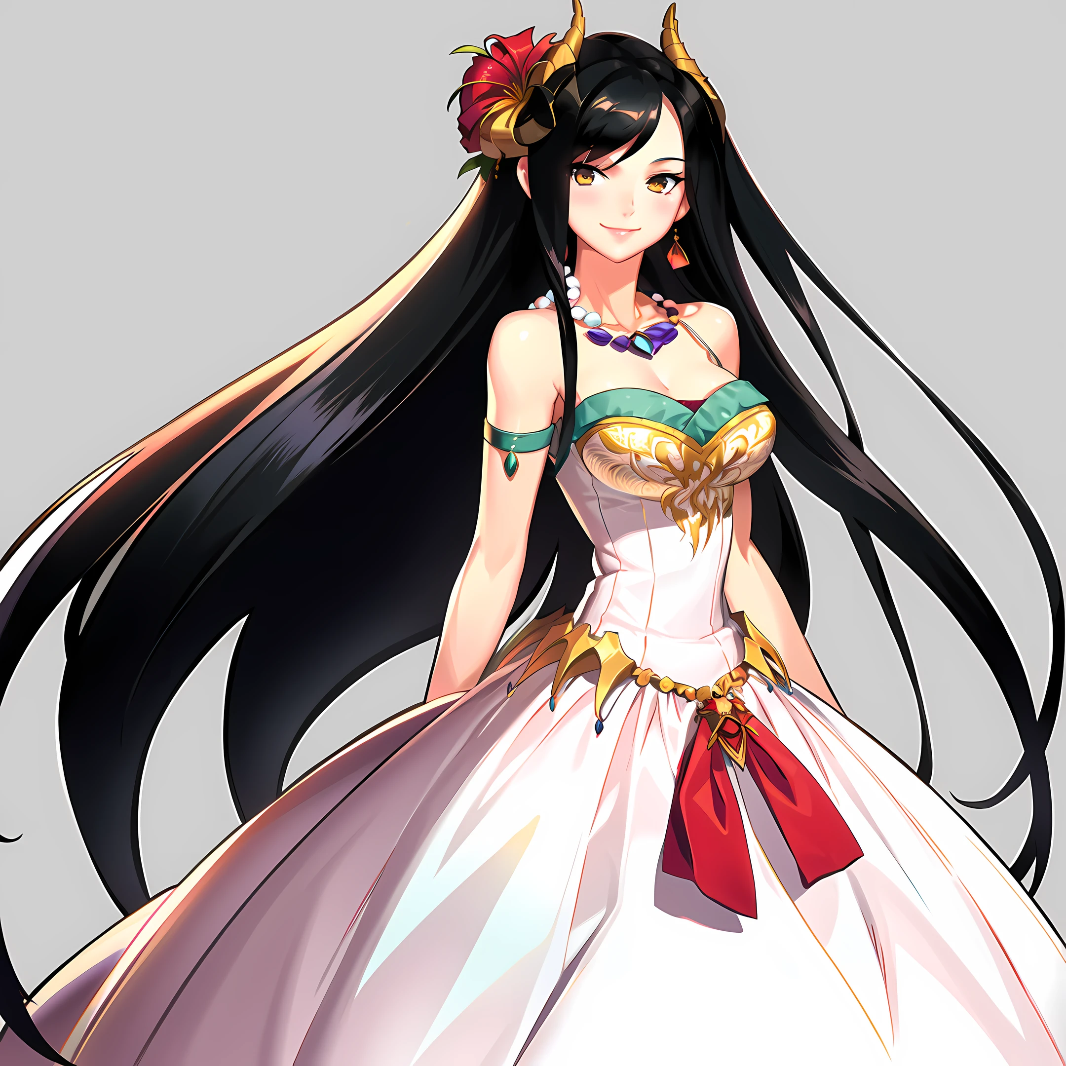 1girl, breasts, horns, black hair, jewelry, necklace, long hair, solo, hair ornament, yellow eyes, hair flower, flower, dress, cleavage, looking at viewer, blush, bare shoulders, smile, medium breasts, alternate costume, collarbone, hand in own hair, hair over one eye, white dress, large breasts, strapless dress, strapless, side slit, simple background, very long hair, gradient background, gradient, ribbon, standing, official alternate costume, cowboy shot, closed mouth, pearl necklace, adjusting hair <lora:DNF3:0.9>,DNF,full body