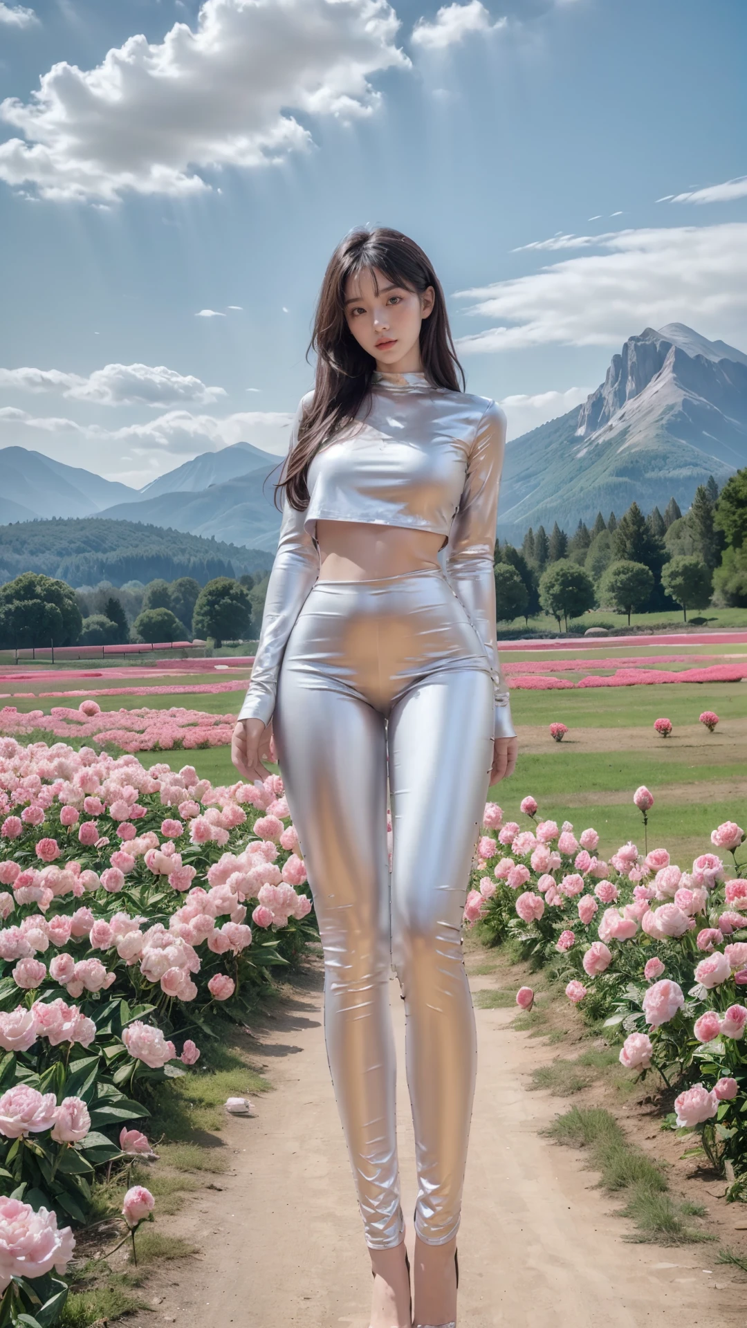 Masterpiece, best quality,8K,HDR,RAW,1girl,seductive expression, charming, (model:1.2),(standing),(solo),large breasts,full body,(Spring scenery, mountains in the distance, beautiful clouds, peony flower fields,peony), <lora:add_detail:0.6>, <lora:GoodHands-vanilla:1>, <lora:ENNE é¶è²ç´§èº«è£¤_v10:0.9> ,silver pants, <lora:VeryLongLegs_v151:0.4> ,very_long_legs,