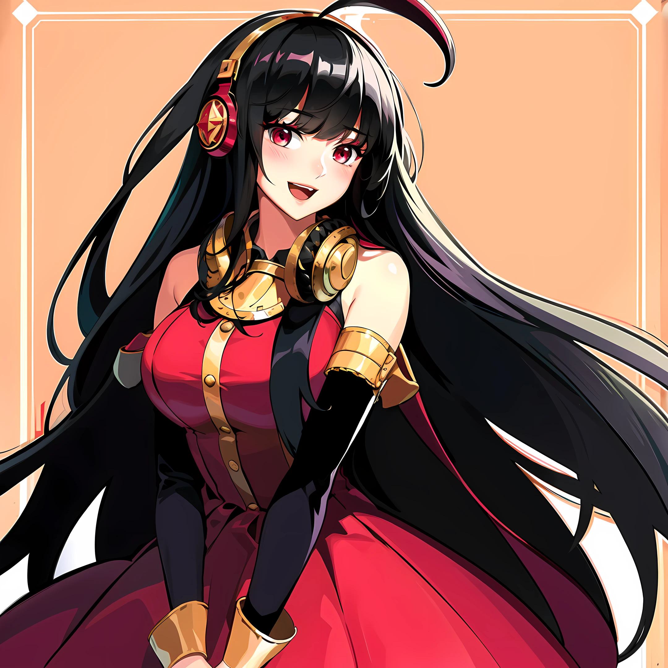 1girl, long hair, solo, headphones around neck, black hair, very long hair, open mouth, headphones, red eyes, smile, looking at viewer, blush, dress, hand on own chest, staff, holding, detached sleeves, :d, breasts, cowboy shot, holding staff, red dress, bangs, wide sleeves, ribbon, standing, bare shoulders, short dress, ahoge, medium breasts, multicolored hair <lora:DNF3:0.8>