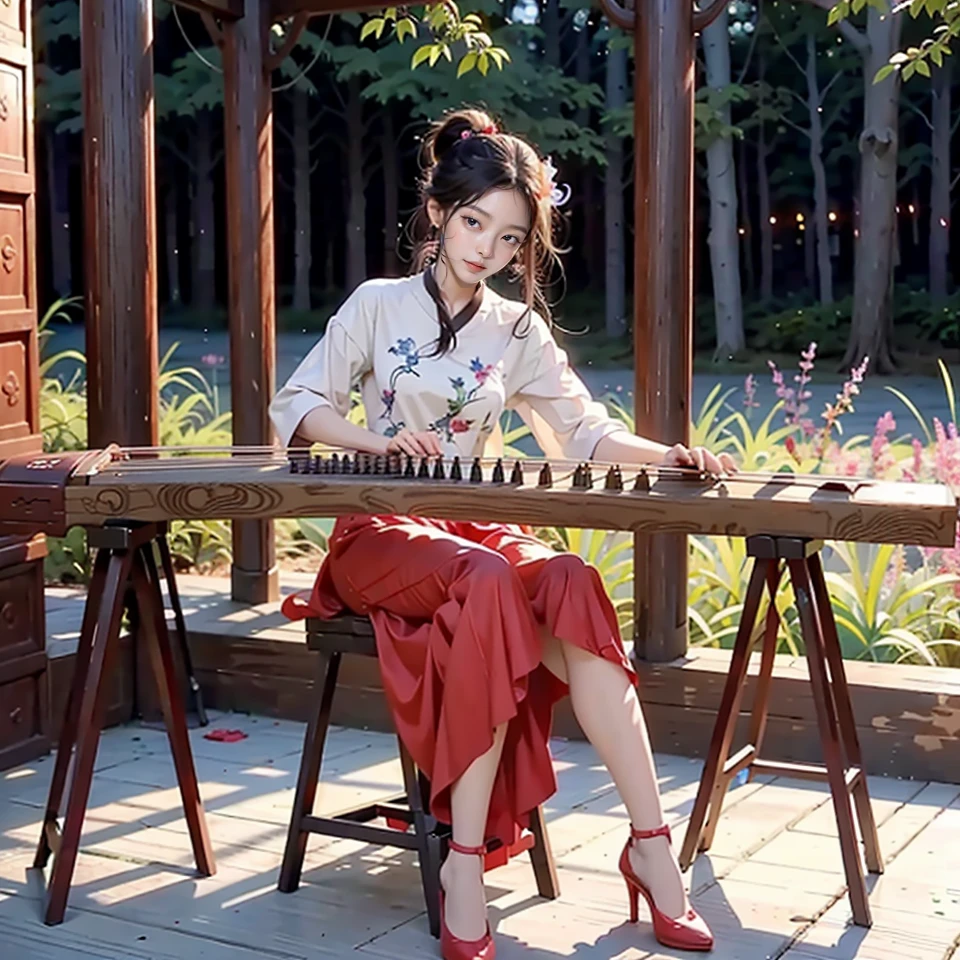 1girl, sitting, high heels, playing guzheng, guzheng, bare arms, pantyhose, masterpiece, best quelity, 8k, T-shirt, Chignon hairstyle, At a lively concert venue