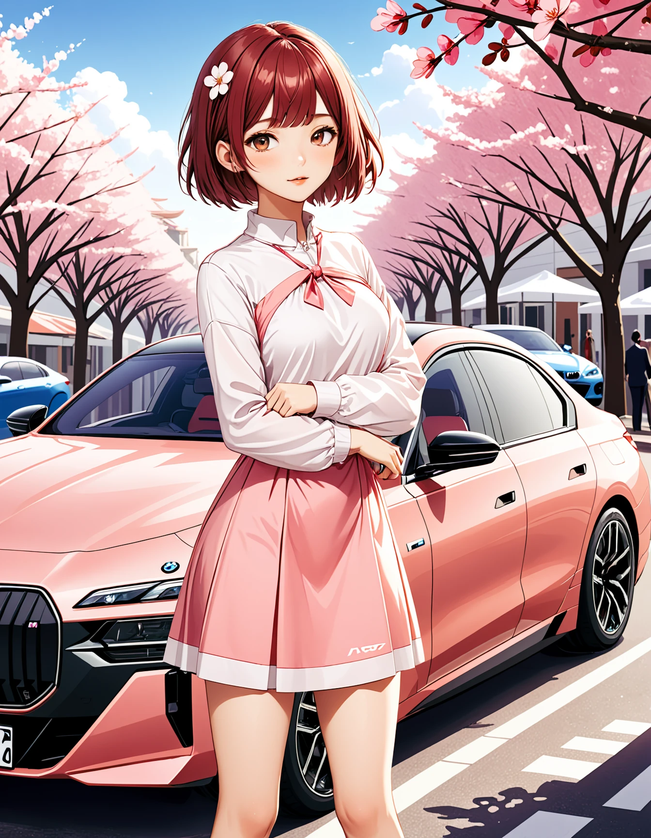 BMW I7,  a BMW I7 car parked on a 
 , The image features an anime-style character standing next to a red sports car. The character is a young woman with short hair, wearing what appears to be a light pink dress or top. She has a slight smile and seems to be posing for the photo, with her hands lightly resting on her hips.

The car is parked on a street lined with cherry blossom trees, indicating it might be spring or early summer when these flowers are in bloom. The setting suggests an urban environment during daytime. 