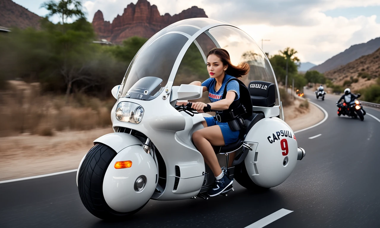 cinematic still of woman driving large round motorcycle with a windshield, best quality, highly detailed, bokeh, <lora:cap9motosdxl:0.8>, black simple background, text "Capsule 9", beautiful landscape, cinematic lighting,