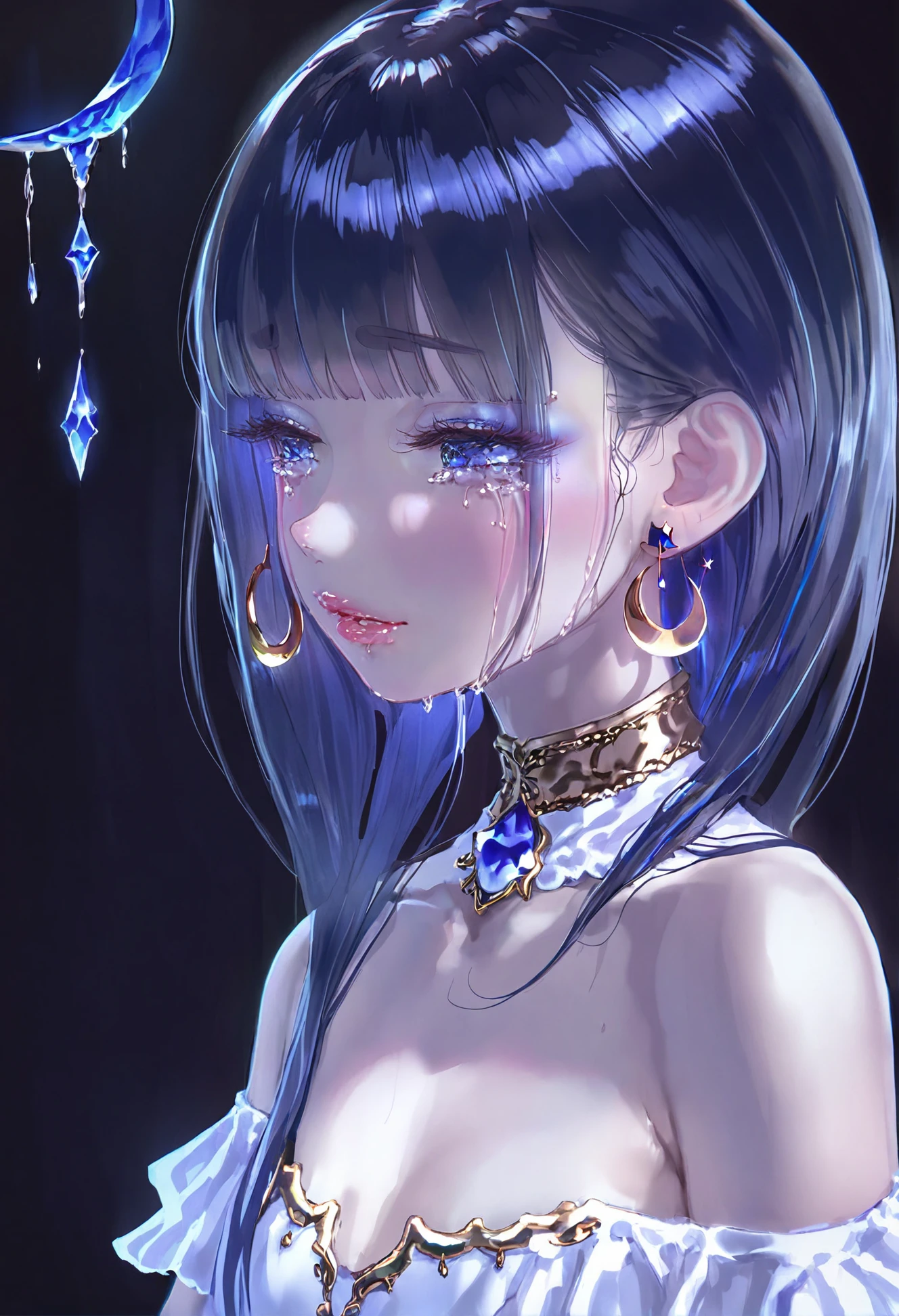 masterpiece, best quality,
1girl,
blue eyes, solo, jewelry, earrings, long hair, looking at viewer, bangs, blue hair, portrait, gem, crescent, parted lips, black background, blue theme, blue gemstone, lips, close-up, tears, black hair, star \(symbol\), looking to the side, star earrings, blush, blunt ends, water, simple background, dark, eyelashes, teardrop, neck, crystal, from behind, collarbone
<lora:1111111XLlokr8f-000187:0.95>
