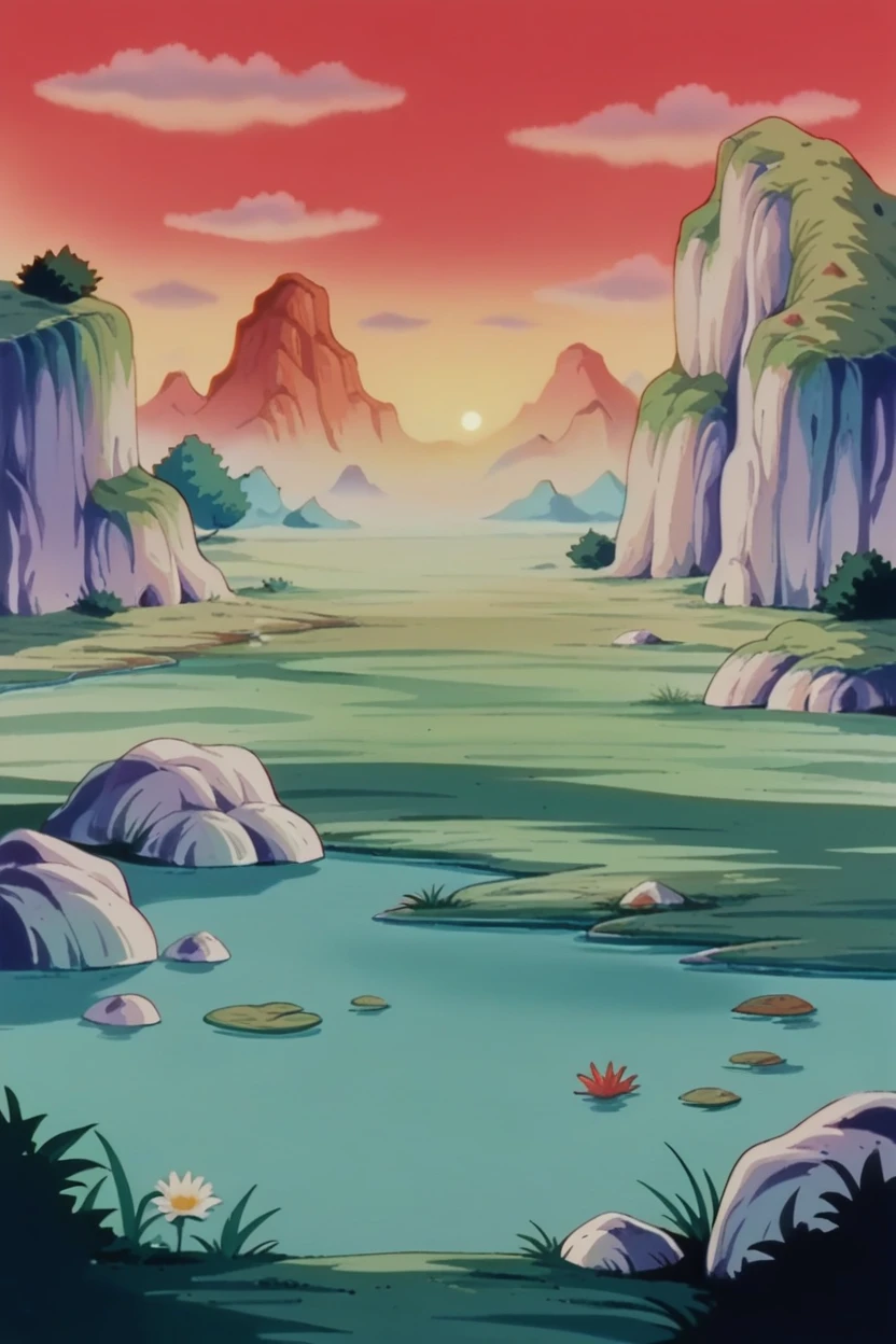 score_9, score_8_up, score_7_up, score_6_up,source_anime, BREAK break wasteland,white ground,retro artstyle,outdoors, grass, tree,pond,water,red sky,sunset,plateau,mountain,bush,cattail,flower, <lora:BreakWastelandPony:1>