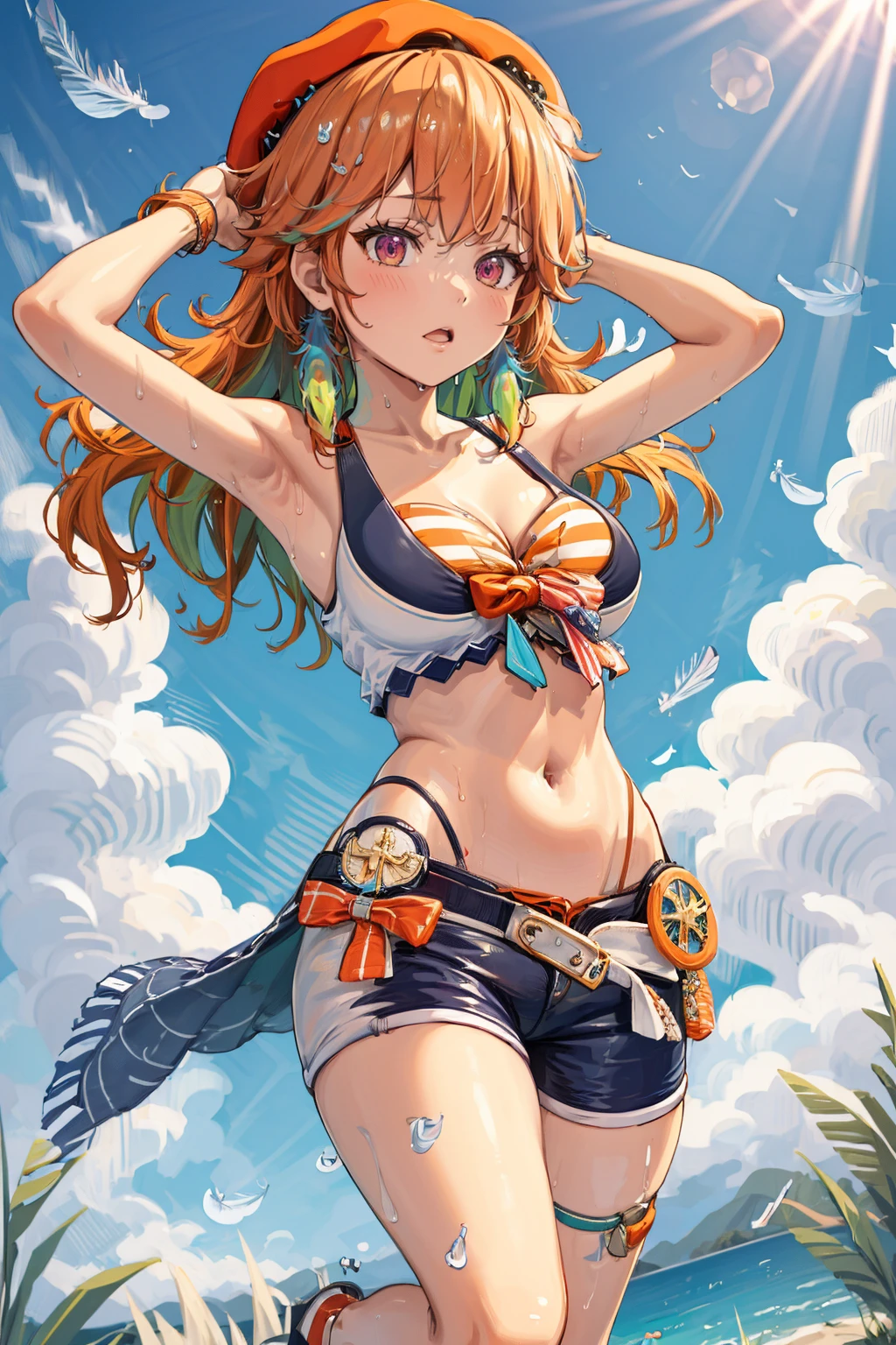 masterpiece, best quality, absurdres, 1girl, solo, KiaraSummer, long hair, orange beret, feather earrings, hololive summer 2023 swimsuit, layered bikini, orange bikini, striped bikini, bikini shorts, outdoors, ocean, wet, spread arms, <lora:TakanashiKiara:1>