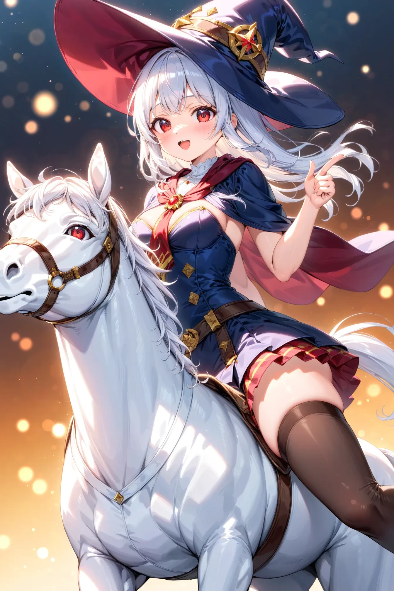 cute, 1girl, close-up, wizard hat, pointing, (riding mini white horse:1.2), white hair, red eyes, thighhighs, gradient background, Bokeh, depth of field, light particles