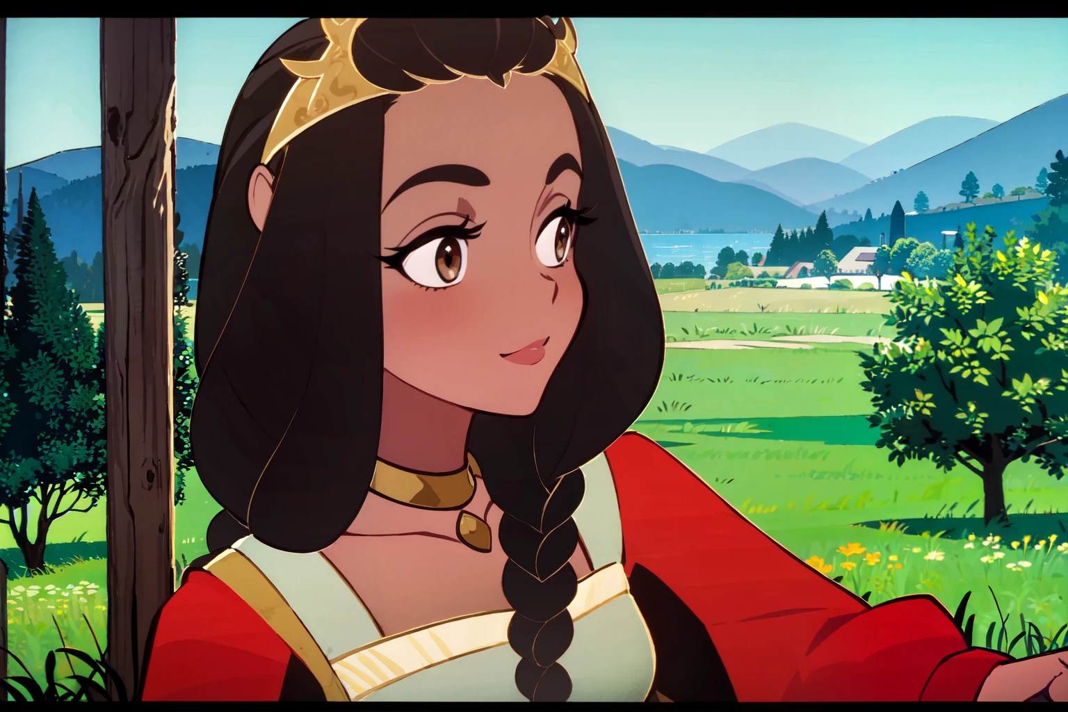 <lora:18CDF0F04D:0.6> A beautiful african princess, in the forest, )(brown skin tone)), braided hair, technocolor. Perfect brown eyes. Iris detail. Perfect detail. Animated disney painting. ((Landscape view)), medium closeup portrait.