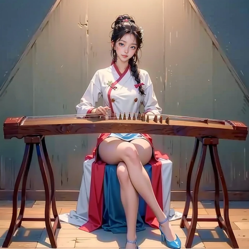 1girl, sitting, high heels, playing guzheng, guzheng, bare arms, pantyhose, masterpiece, best quelity, 8k, Blazer, Braid hairstyle, In a high-tech laboratory