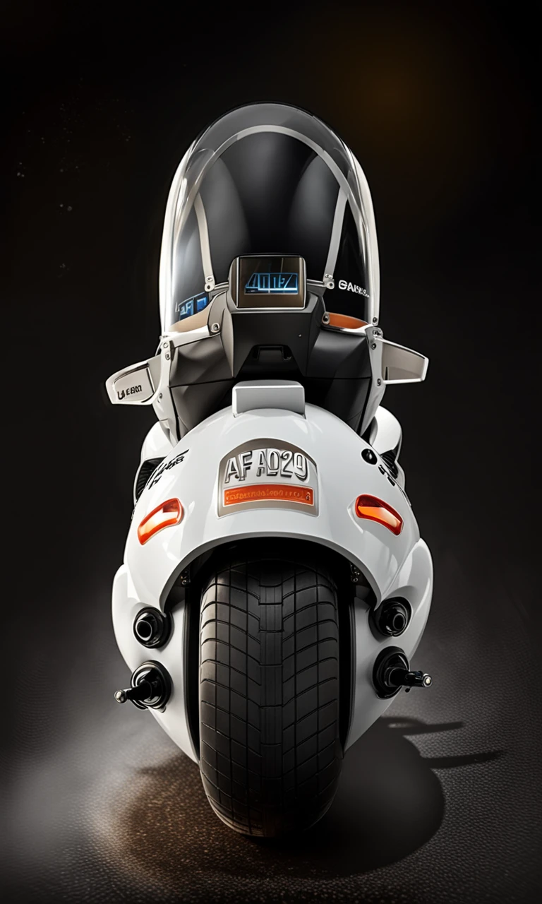 a large round motorcycle with a windshield, spherical, back view, best quality, highly detailed, bokeh, <lora:cap9motosdxl:1>, black simple background, text "AF4029"