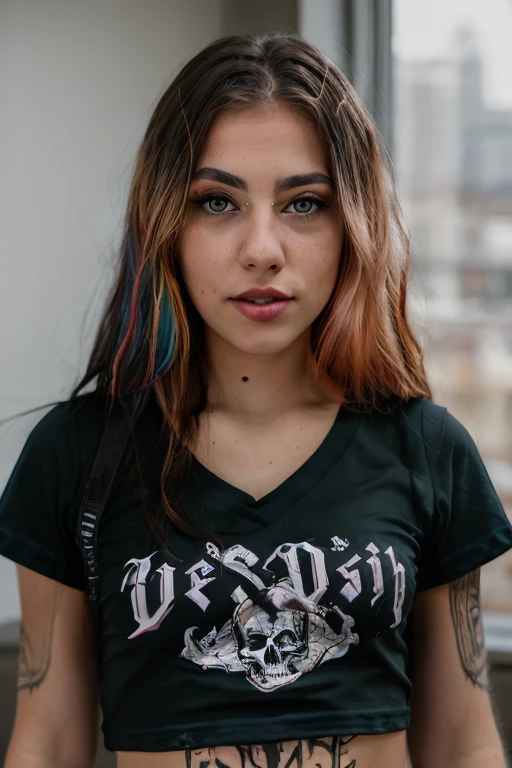 <lora:DalilaDark:0.8>, full color portrait of a young woman, wearing a death metal t-shirt, natural light, RAW photo, subject, 8k uhd, dslr, soft lighting, high quality, film grain, Fujifilm XT3