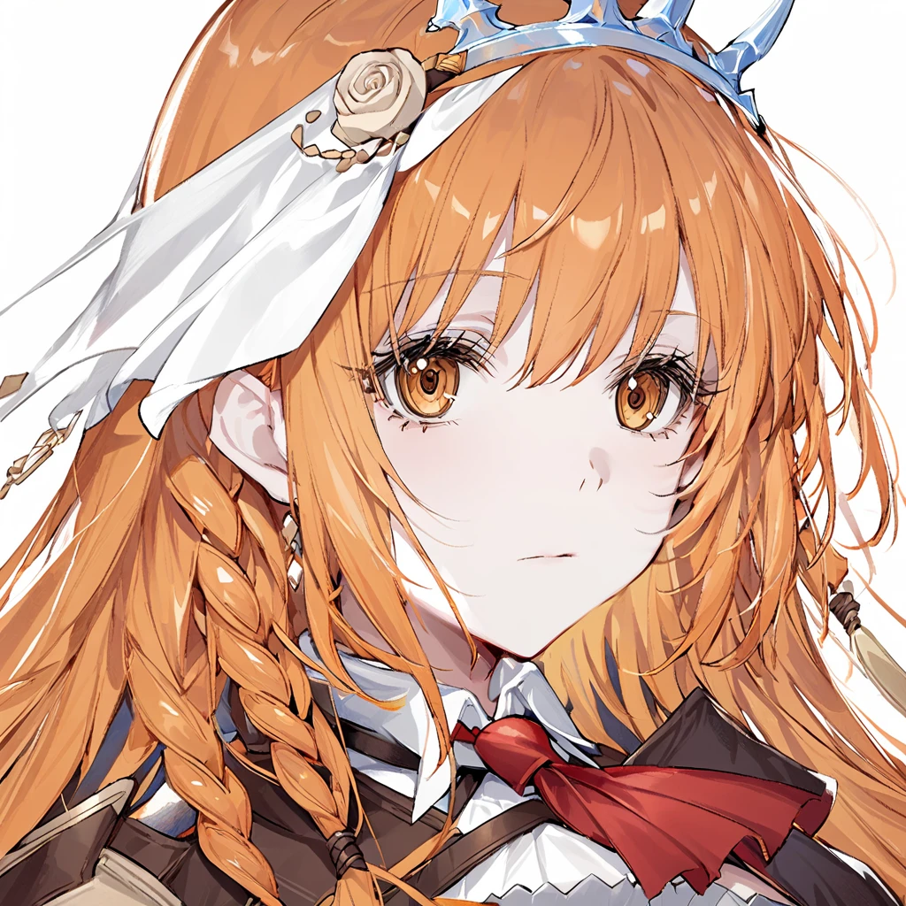 1girl,pecorine \(princess connect!\),orange hair, close-up, closed mouth, eyebrows visible through hair, eyelashes, face, looking at viewer,simple background,solo, white background , <lora:Chuzenji-v1:1>