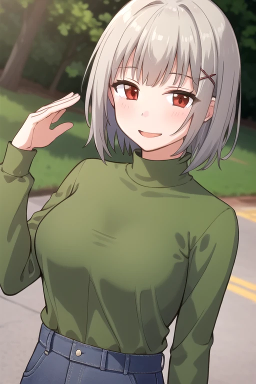 ((masterpiece)),(best quality),official art,extremely delicate and beautiful,extremely detailed CG,unity 8k wallpaper,ultra detailed,beautiful detailed eyes,extremely detailed face,outdoors,1girl,solo,upper body,(portrait:1.5),looking at viewer,facing viewer,smile,grey hair,medium hair,x hair ornament,hairclip,bangs,red eyes,green turtleneck,green shirt,long sleeves,large breasts,underbust,jeans,loafers,<lora:Girl(girl who is afraid of heat):0.8>,