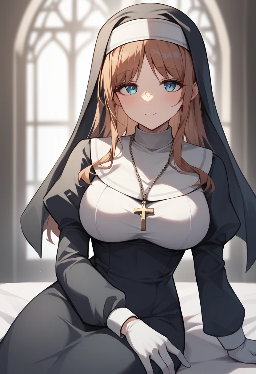 score_9,score_8_up,score_7_up,<lora: nagasaki_soyo_pony:1>,1girl, nun, solo, looking at viewer, sidelocks, large breasts, gloves, long sleeves, highres, nagasaki soyo