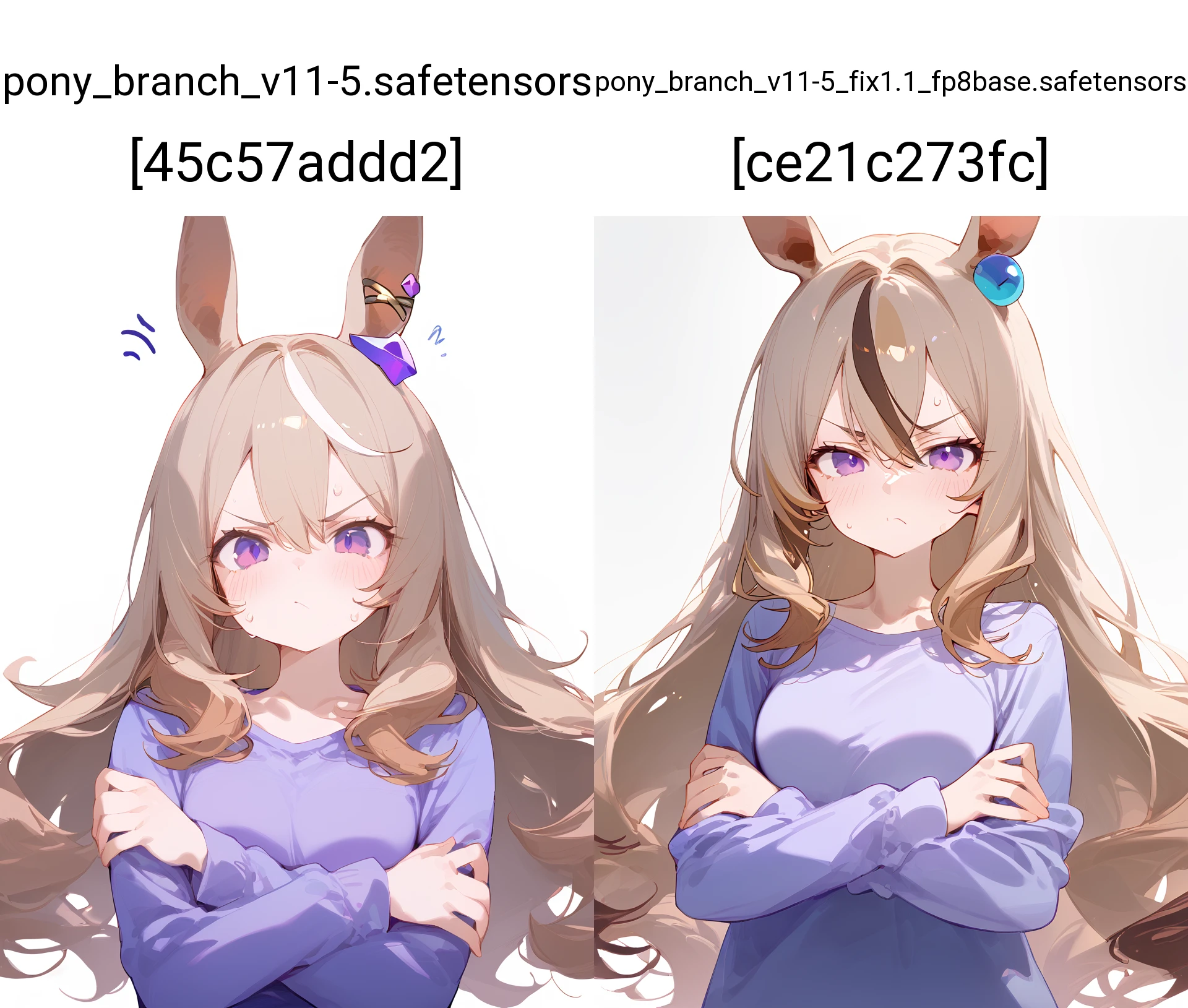 1girl,
score_9, :t, two-tone hair, puff of air, annoyed, looking at viewer, furrowed brow, crossed arms, blush, white background, closed mouth, light brown hair, brown hair, long hair, simple background, solo, purple eyes, sweat, multicolored hair, purple shirt, ear ornament, shirt, streaked hair, pout, long sleeves, animal ears, v-shaped eyebrows, horse ears, portrait, horse girl, hair between eyes