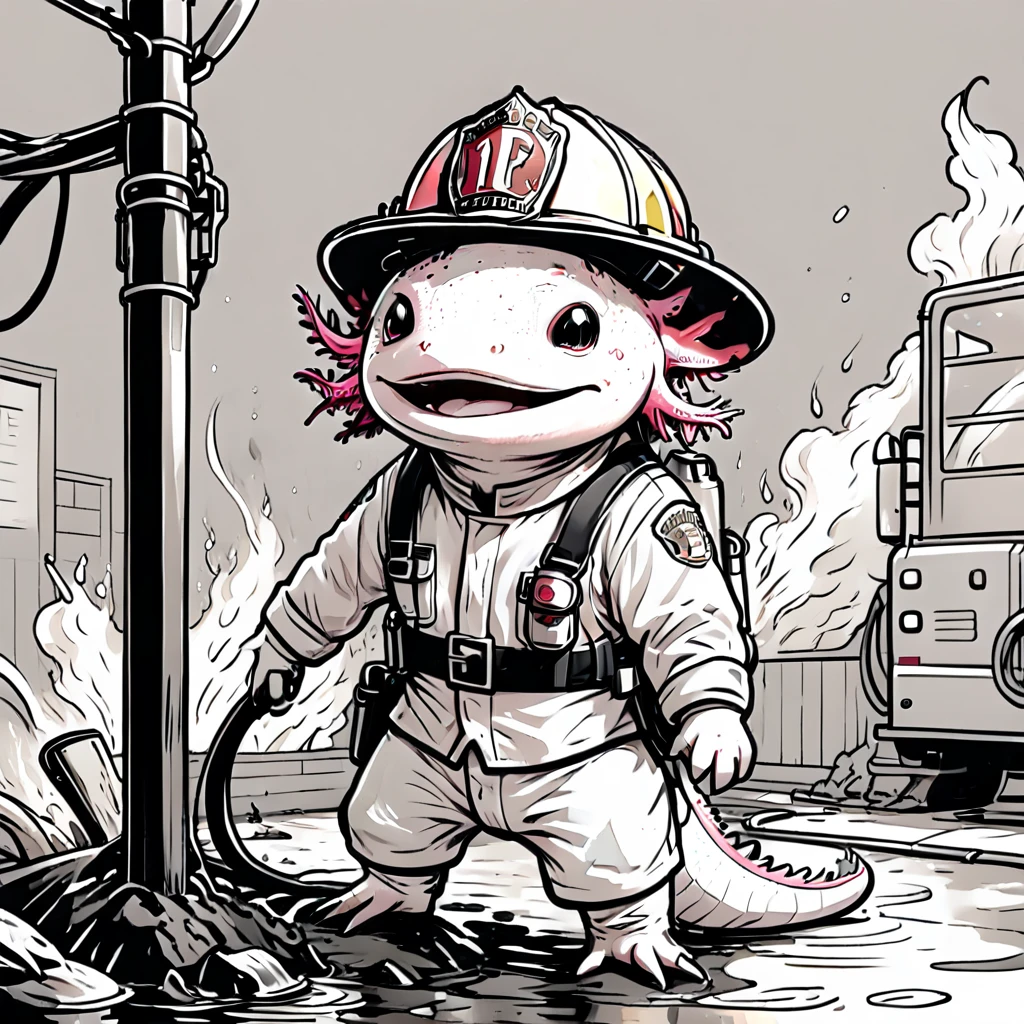 (comic book lineart 2d:1.5) <lora:axomodel2:1> Axolotl wearing a firefighter's uniform at a fire station, trying to slide down a pole but getting stuck