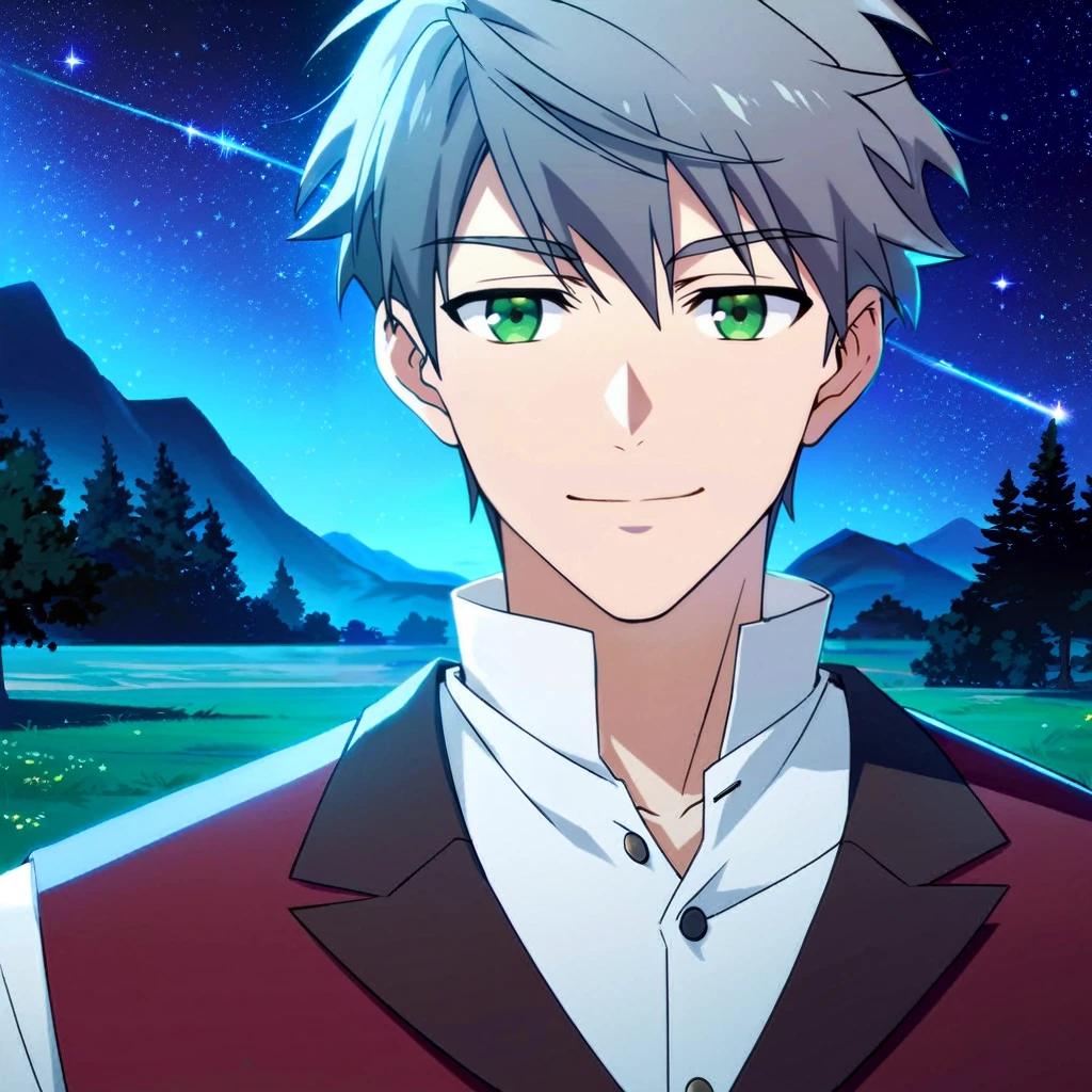 score_9,score_8_up,score_7_up,score_6_up,rating explicit,focus male,source anime,zPDXL,1boy,patrick,grey hair,green eyes,shooting star,sky,star (sky),starry sky,smile,vest,looking at viewer,mountain,night,night sky,outdoors,solo,<lora:patrick_ashbaton_ponyXLV2:0.6>,