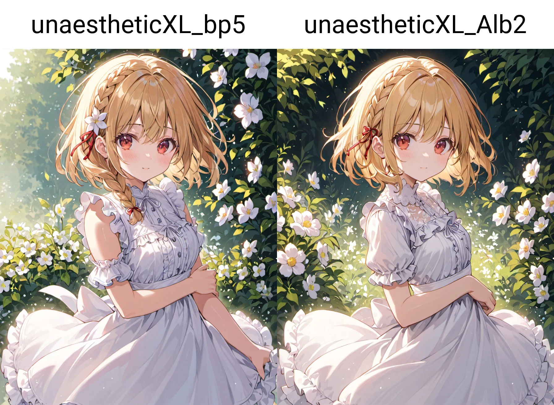 1girl,, blonde hair, braid, dress, flower, frills, looking at viewer, medium hair, red eyes, solo