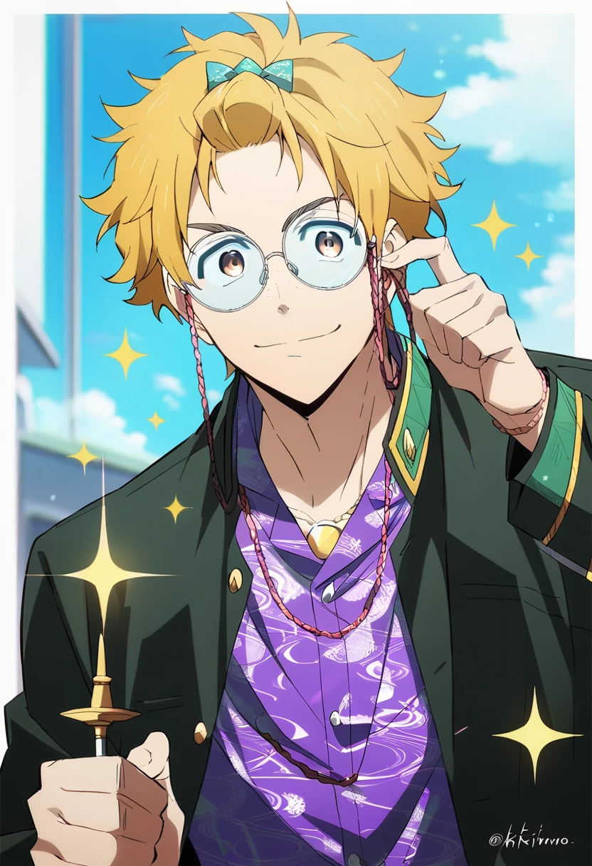 score_9, score_8_up, score_7_up, masterpiece, best quality, cute, male focus, AKIHIKO NIREI, BLONDE HAIR, BROWN EYES, glasses, purple shirt, SPARKLE<lora:EMS-362965-EMS:1.000000>