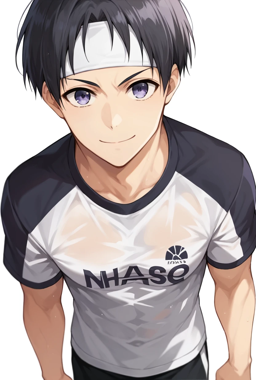 score_9, score_8_up, score_7_up, nanase nijiro, 1boy, solo, black hair, side bangs, purple eyes, white headband, logo, sportswear, short sleeves, cowboy shot, smile, looking at viewer, from above, white background