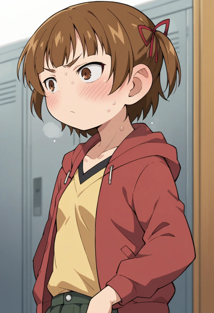 score_9, score_8_up, score_8, source_anime, <lora:MitsubaMarui:0.85> 1girl, brown hair, brown eyes, solo, twintails, short twintails, short hair, hair ribbon, red hoodie, yellow shirt, green skirt, blush, cold
locker background, blurry background,