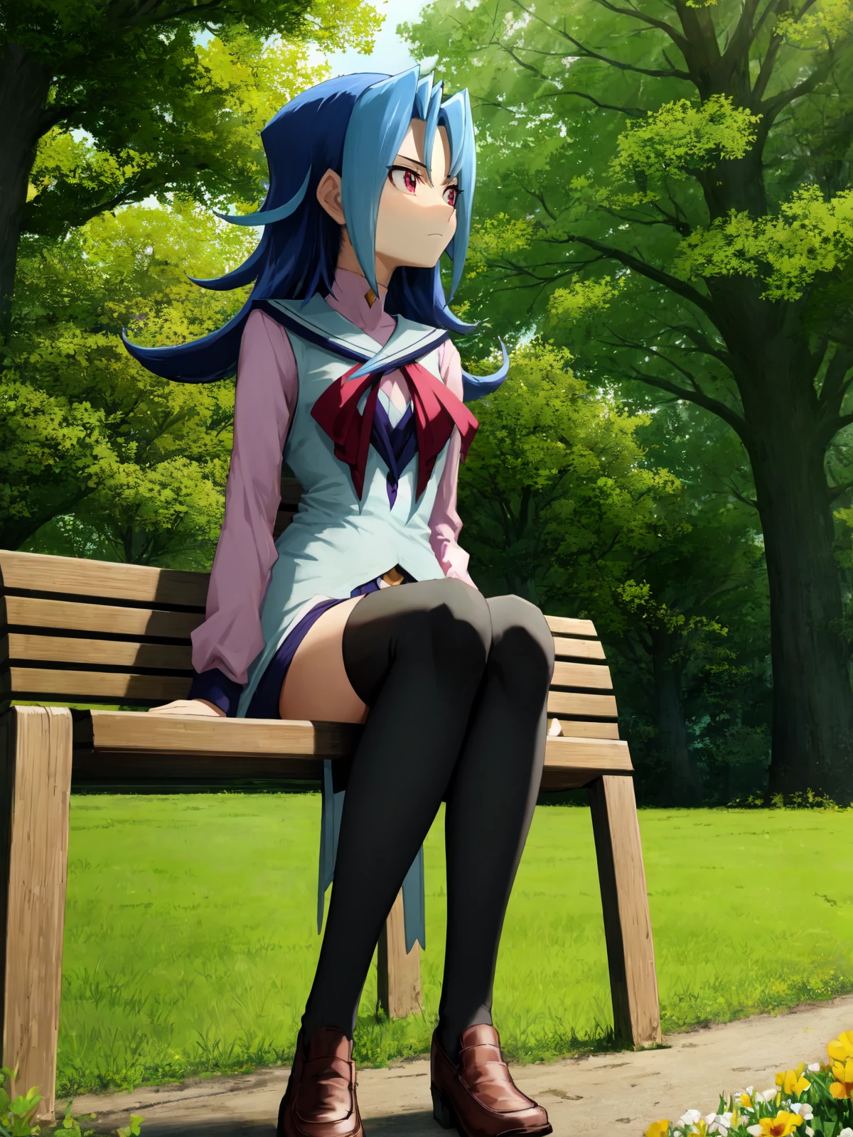 SLE, mksks style, detailed background absurdres, highres, full body, solo, 1girl, <lora:Rio Kamishiro (Yu-Gi-Oh ZEXAL):1>, rio_kamishiro, costume_casual_1, black thighhighs, sitting, expressionless, looking away, legs together, park, bench, garden, flowers, trees, outdoors, sunlight