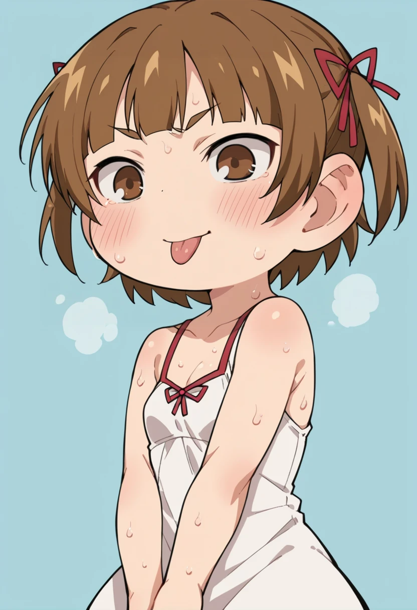 score_9, score_8_up, score_8, source_anime, <lora:MitsubaMarui:0.8> chibi, 1girl, brown hair, brown eyes, solo, twintails, short twintails, short hair, hair ribbon, white dress, blush, sweaty, tongue,
simple background, light blue background,