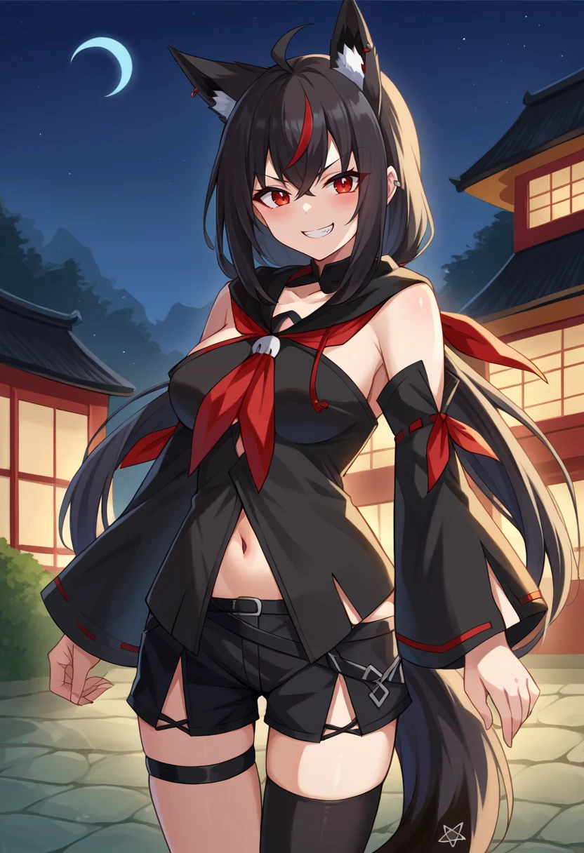 score_9, score_6_up, source_anime BREAK 1girl, solo, kurokami, black hair, black shirt, black shorts, streaked hair, detached sleeves, red eyes, red neckerchief, thigh strap, single thighhigh, ahoge, piercing, fox tail, evil grin, japanese town, night <lora:shirakami_fubuki_sdxl_pony-4-000009:1>