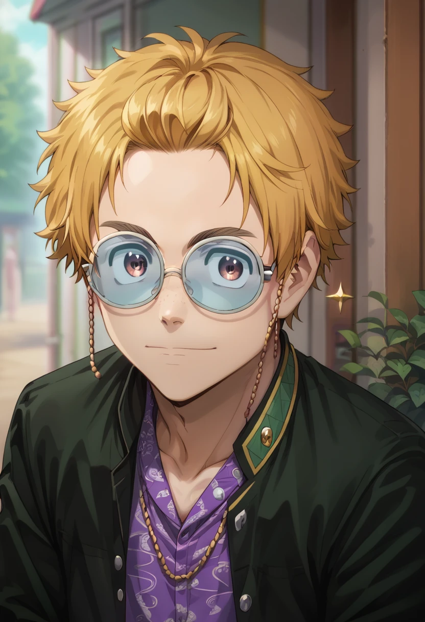 score_9, score_8_up, score_7_up, masterpiece, best quality, cute, male focus,BROWN HAIR, SOLO, BLONDE HAIR, purple shirt, SOLO, SPARKLE, AKIHIKO NIREI, BLONDE HAIR, BROWN EYES, glasses<lora:EMS-362965-EMS:1.000000>