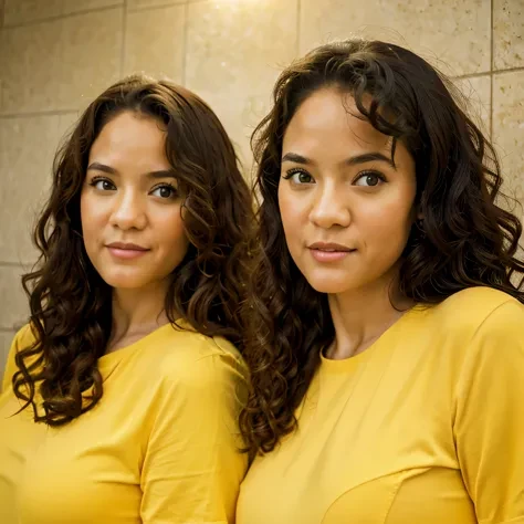 (photorealistic, realistic:1.33), lottbie, ((close up photo:1.1)), 2girls posing for the camera, identical twins, identical clones, curly hair, yellow shirt, gray wall background