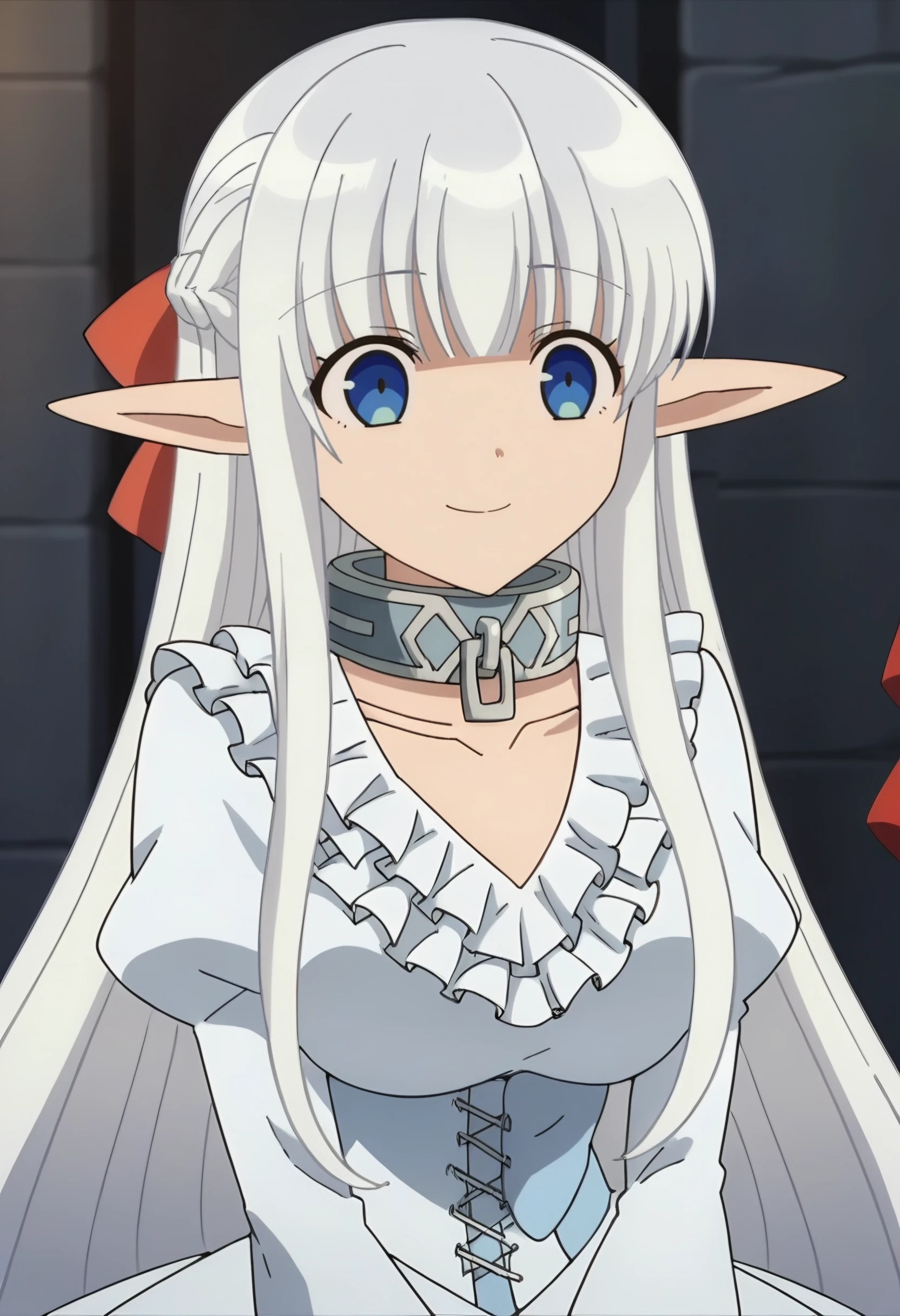 <lora:Nephy:1> nephy, long_hair, pointy_ears, 1girl, white_hair, elf, blue_eyes, solo, bangs, braid, smile , long_sleeves, dress, frills, puffy_sleeves, juliet_sleeves, collar, chain, score_9, score_8_up, score_7_up, , anime coloring ,BREAK source_anime, anime