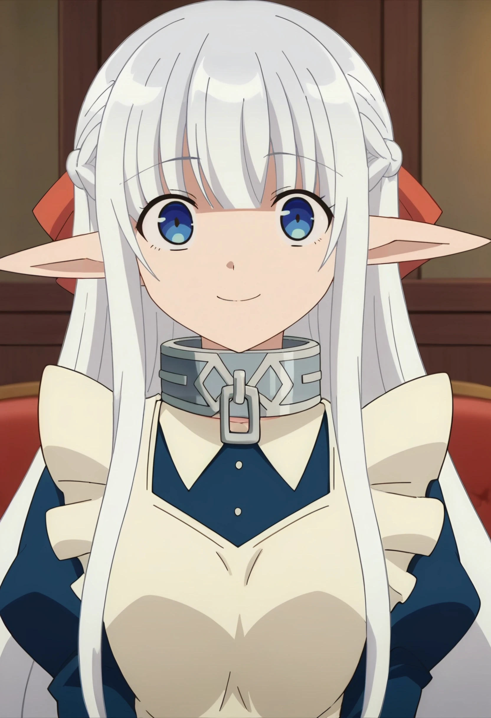 <lora:Nephy:1> nephy, long_hair, pointy_ears, 1girl, white_hair, elf, blue_eyes, solo, bangs, braid, smile    , collar, dress, apron, maid, looking at viewer,, score_9, score_8_up, score_7_up, , anime coloring ,BREAK source_anime, anime