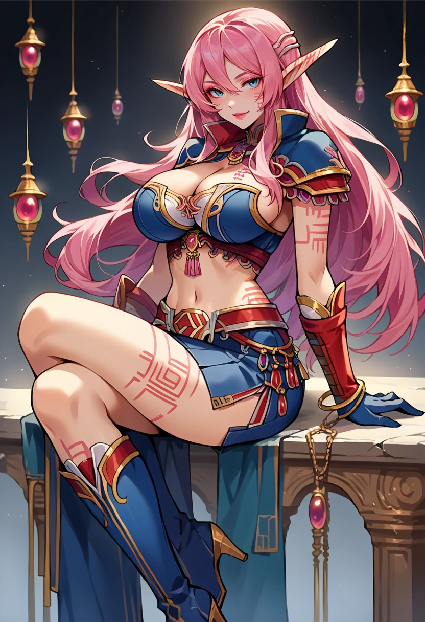 score_9, score_8_up, score_7_up, source_anime, MLMyuri, arm tattoo, bangs, cleavage, elf, (huge breasts), long hair, pointy ears, tsurime, pink hair,   body tattooos, face marking, gloves, blue skirt, bodice, gold trim,  , standing, <lora:Myuria-dora-2:0.9>, midriff, lip gloss, seductive smile, eyeshadow,  slim waist, (contrapposto:1.2), (stole), short skirt, sitting, legs crossed, knee boots, high heel boots, vambrace