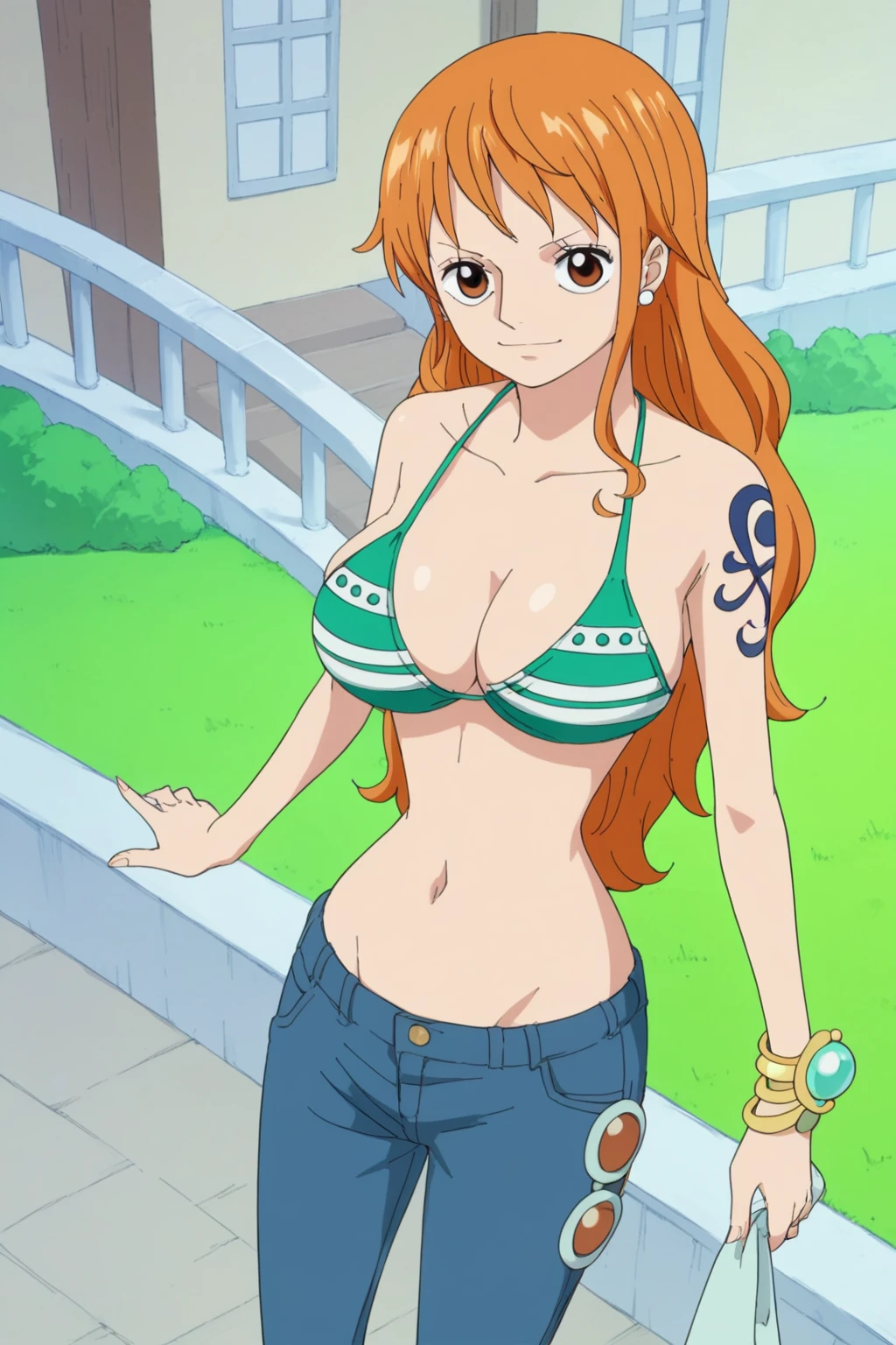 score_9, score_8_up, score_7_up, score_6_up, score_5_up, score_4_up, BREAK, source_anime,,nami_po, long hair, orange hair, 1girl, bikini top only, large breasts, jeans<lora:EMS-362876-EMS:1.000000>