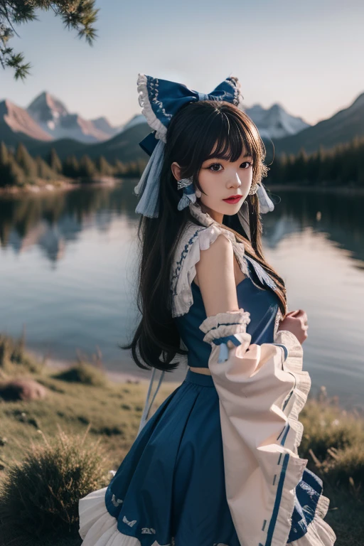 ltra-detailed,highly detailed,best quality,masterpiece,illustration,realistic,photorealistic,
reimu, hakurei reimu \(cosplay\), hakurei reimu,
1girl, solo, cosplay,
kimono, detached sleeves, wide sleeves, long sleeves, frilled sleeves, ribbon-trimmed sleeves, dress, skirt set, blue theme clothes,
bow, frills, ribbon trim, frilled bow,
long hair, bangs, hair bow, hair tubes,
looking at viewer, upper body,
outdoors, photo background, day, tree, sky, water, lake, mountain, scenery, blue sky, nature,
<lora:reimu_v2_05:0.8>