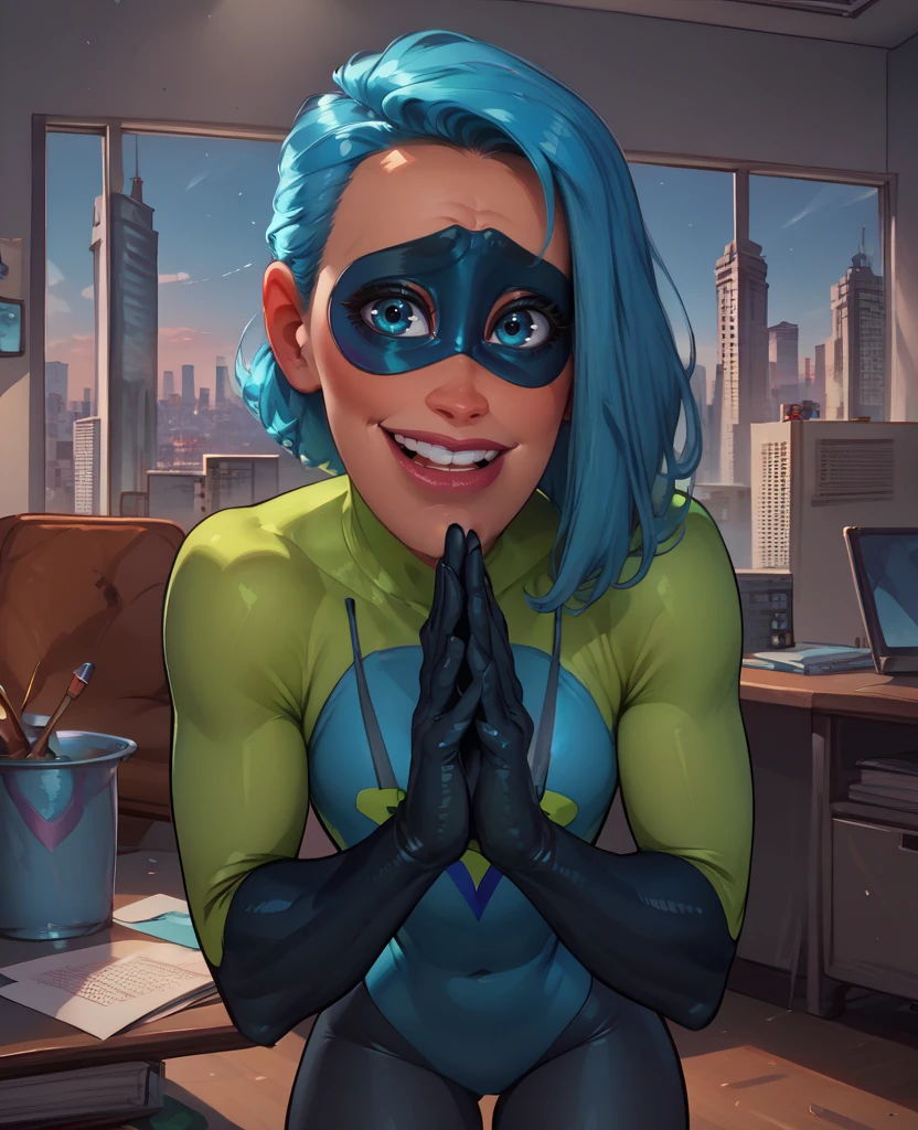 score_9,score_8_up,score_7_up,score_6_up,
Voydxl,blue hair,blue eyes,lips,own hands together,nervous smile,
domino mask,bodysuit,gloves,looking at viewer,upper teeth only,
leaning forward,
office,cityscape,indoors,
<lora:VoydXL-3-TI11:0.9>,