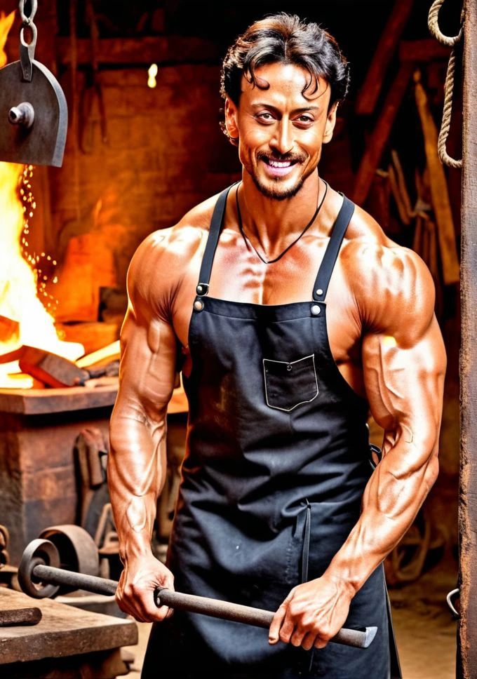 Tiger Shroff a man <lora:Tiger-Shroff:0.6>, as Blacksmith male , muscular, smithing apron, shirtless, confident smile, inside forge background, crafting, fiery forge, sturdy build,