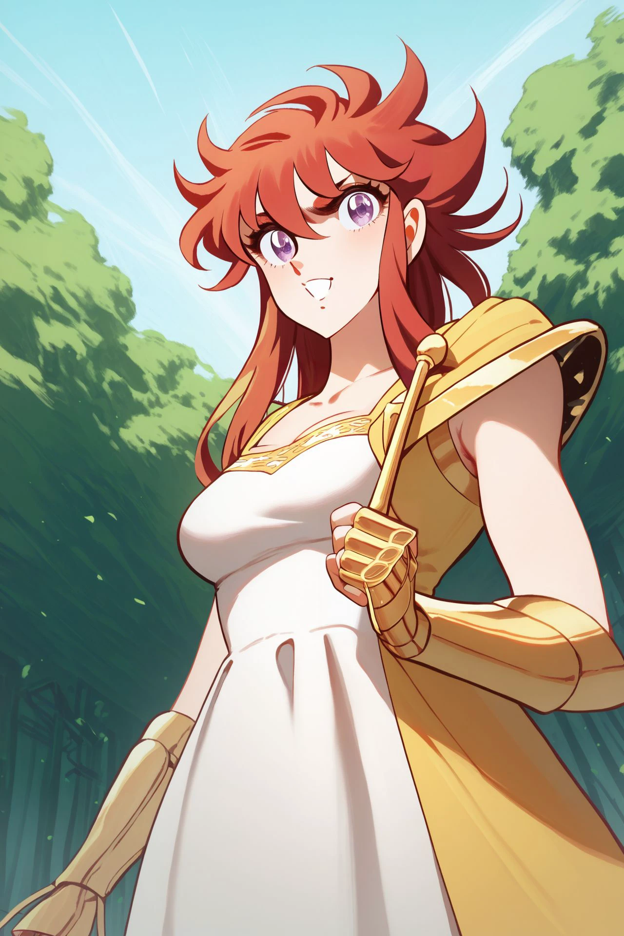 score_9, score_8_up, score_7_up, 1girl, solo, happy, red hair, wispy_bangs, spiked_hair, dark_purple eyes, medium breasts, yellow armor, outdoors, <lora:Masami_Kurumada_PonyXL_style_v01.10.025:1>-