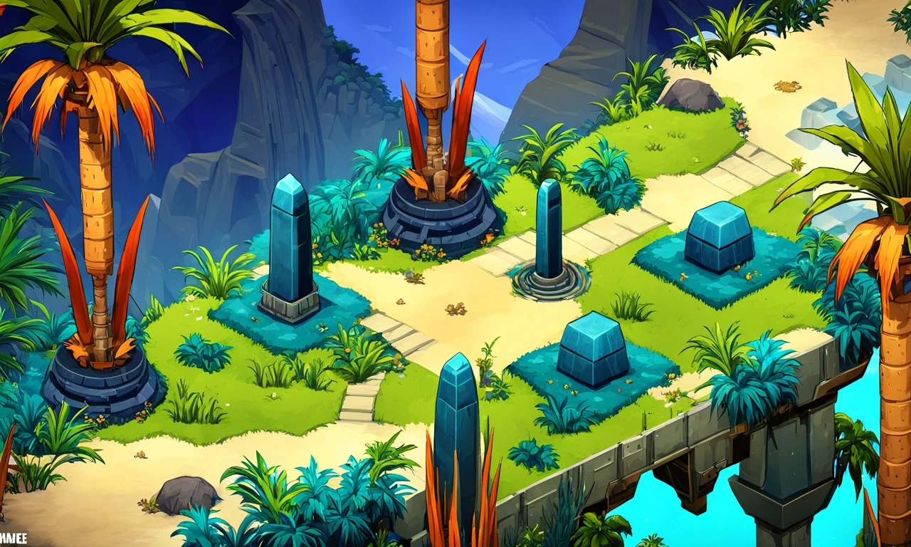 isometric landscape, alien planet, weird creatures, sci-fi, pillars, monoliths,blue grass, screenshot from game,  best quality, masterpiece,  <lora:supgiantisosdxl:0.9>, painted, supgiantisosdxl, large landscape, cartoon, vibrant colors, palm trees