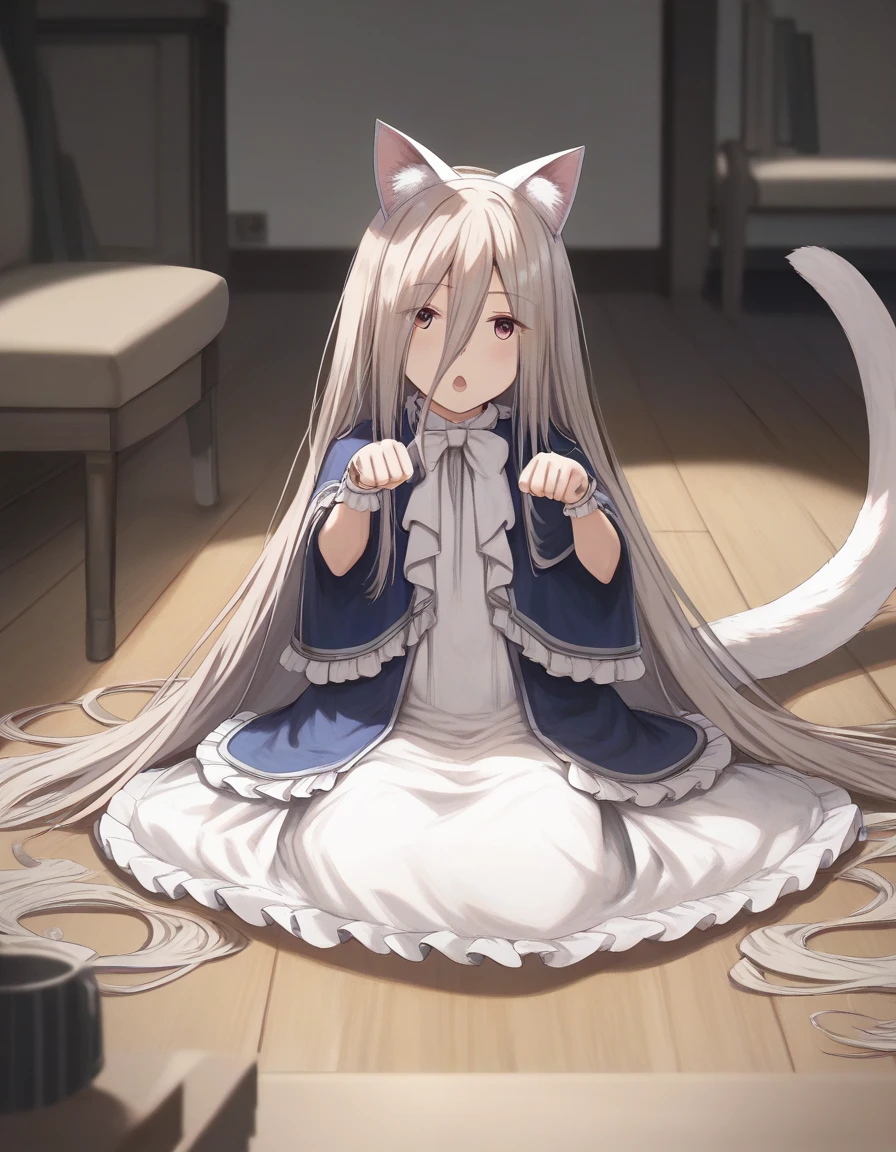 score_9, score_8_up,score_7_up,score_6_up, a girl is sitting on floor, paw pose, open mouth, fake cat ears
, <lora:salad_style_pony6_v1-000024:1> <lora:sense_sousou no frieren_PONY_last:0.6> sense \(sousou no frieren\),brown eyes,very long hair,absurdly long hair,hair between eyes,eyes visible through hair, blue capelet,frilled dress,white long dress