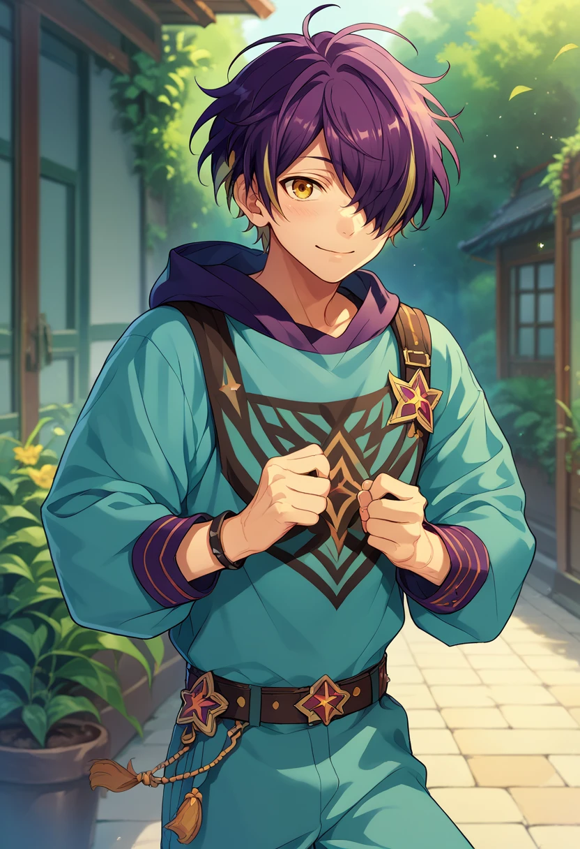 score_9, score_8_up, score_7_up, masterpiece, best quality, solo, cute, male focus, Shinobu Sengoku, multicolored hair, purple hair, yellow eyes, hair over one eye,score_6_up,score_9_up, source_<lora:EMS-362435-EMS:1.000000>