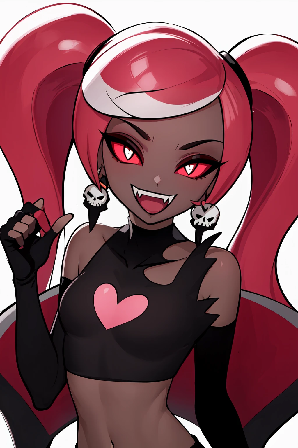 (masterpiecer, best quality), VelvetteHH, dark eyeshadow, white pupils, red sclera, pink hair, two-tone hair, twintails, long hair, skull earrings, colored skin, dark skin, black jacket, (black crop top:1.4), (crop top with heart design), bare shoulders, fingerless gloves, elbow gloves, elbow gloves, (portrait shot, upper body:1.2), smile, open mouth, fangs, simple background <lora:VelvetteHH:0.7>