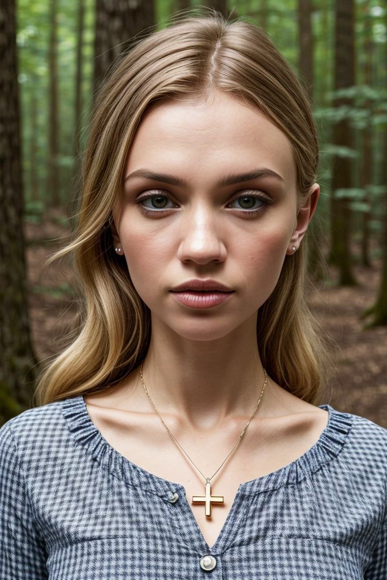 European woman, closeup, (shirt), pants, (cabin in the woods), cross necklace , ZM_debora , wide shoulders, perfect face, (contact iris: 1.1), pale skin, skin pores , depth of field