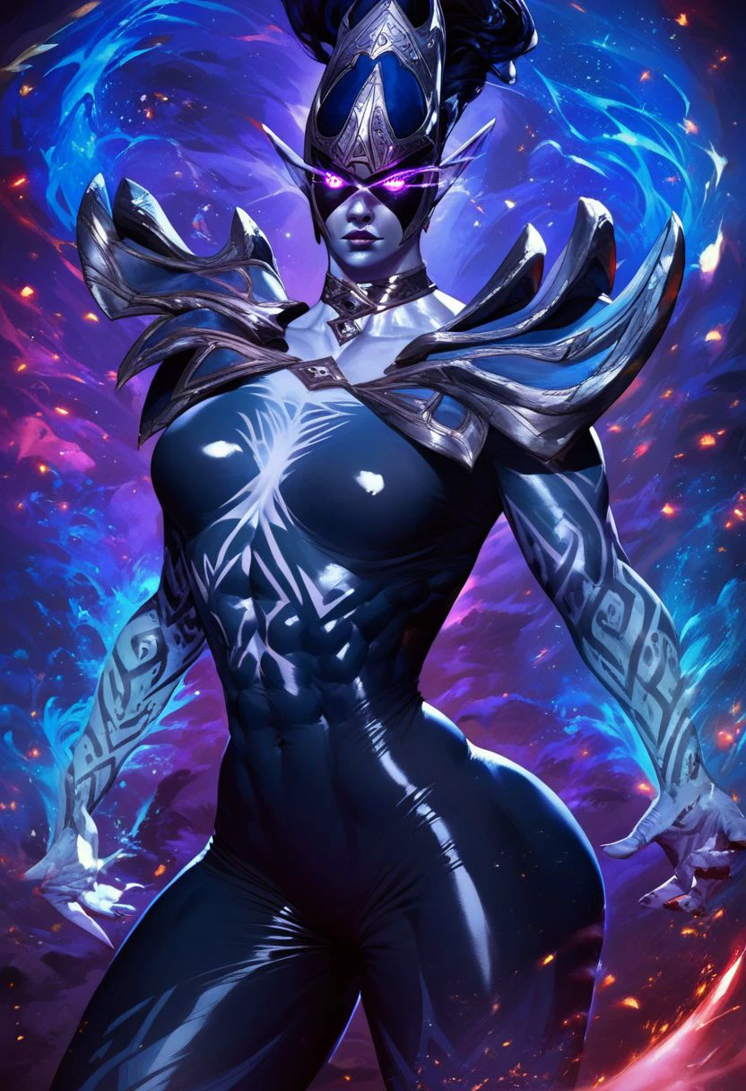 score_9, score_8_up, score_7_up , muscular beautiful phantom assasin , manifold paradox, glowing eyes, dynamic pose
weapons, bodysuit, pointy ears, blue skin, seductive pose, abs ,narrow waist, shiny body, oiled body, jewelry, choker,fantasy,standing