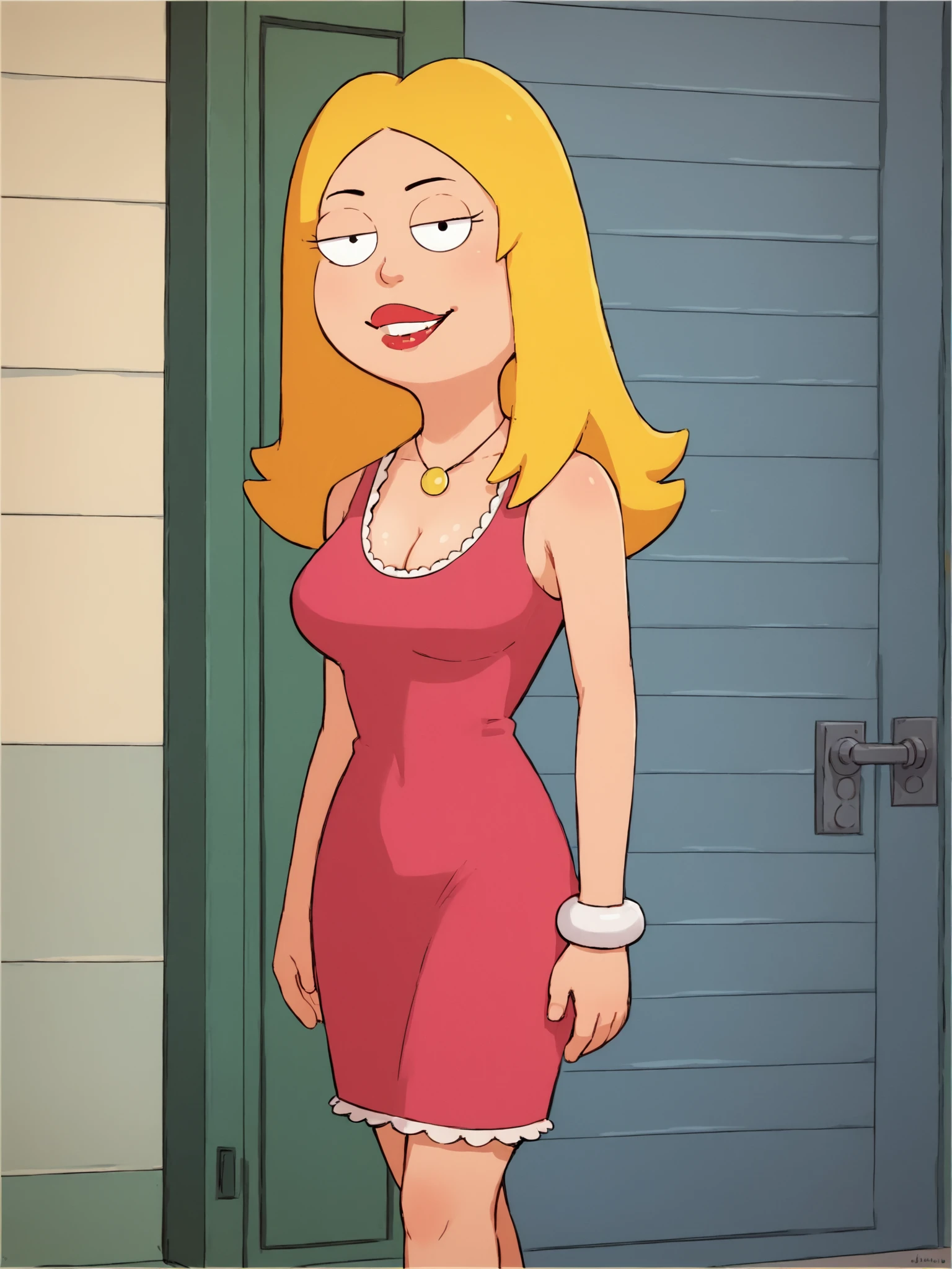 <lora:francinePony20epochs:1> francine,flat color, blonde hair, 1girl, long hair, white braclet, breasts, solo, necklace, cleavage, pink dress, dress, red lips, standing,looking at viewer,fit, breasts, score_9, score_8_up, score_7_up, score_6_up, score_5_up, score_4_up