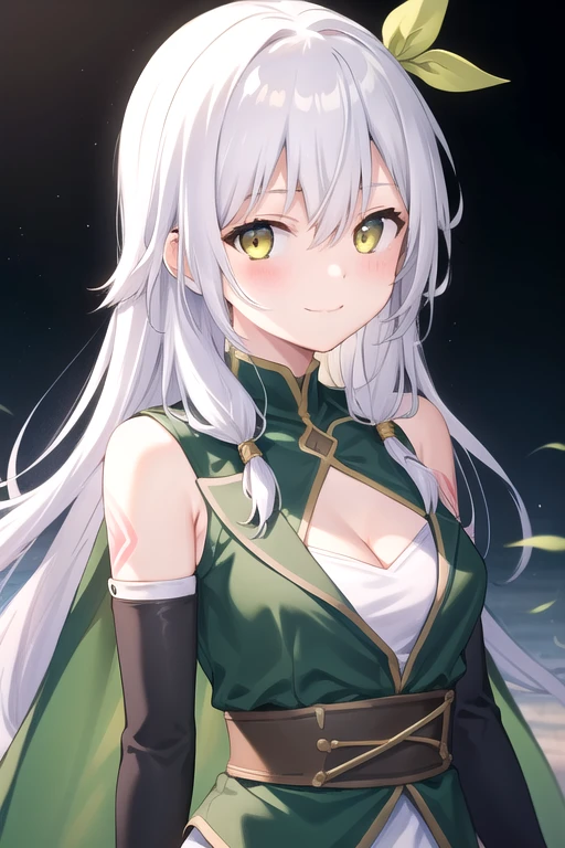 ((masterpiece)),(best quality),official art,extremely delicate and beautiful,extremely detailed CG,unity 8k wallpaper,ultra detailed,beautiful detailed eyes,extremely detailed face,outdoors,1girl,solo,upper body,(portrait:1.5),looking at viewer,facing viewer,smile,Sara Silvers,very long hair,white hair,low-tied long hair,hair ornament,hair ribbon,floating hair,hair between eyes,bangs,yellow eyes,cleavage,bare shoulders,green dress,black cape,long cape,medium breasts,sash,tattoo,sleeveless,elbow gloves,green gloves,green skirt,long skirt,boots,brown footwear,<lora:Sara Silvers(arobmi):0.5>,