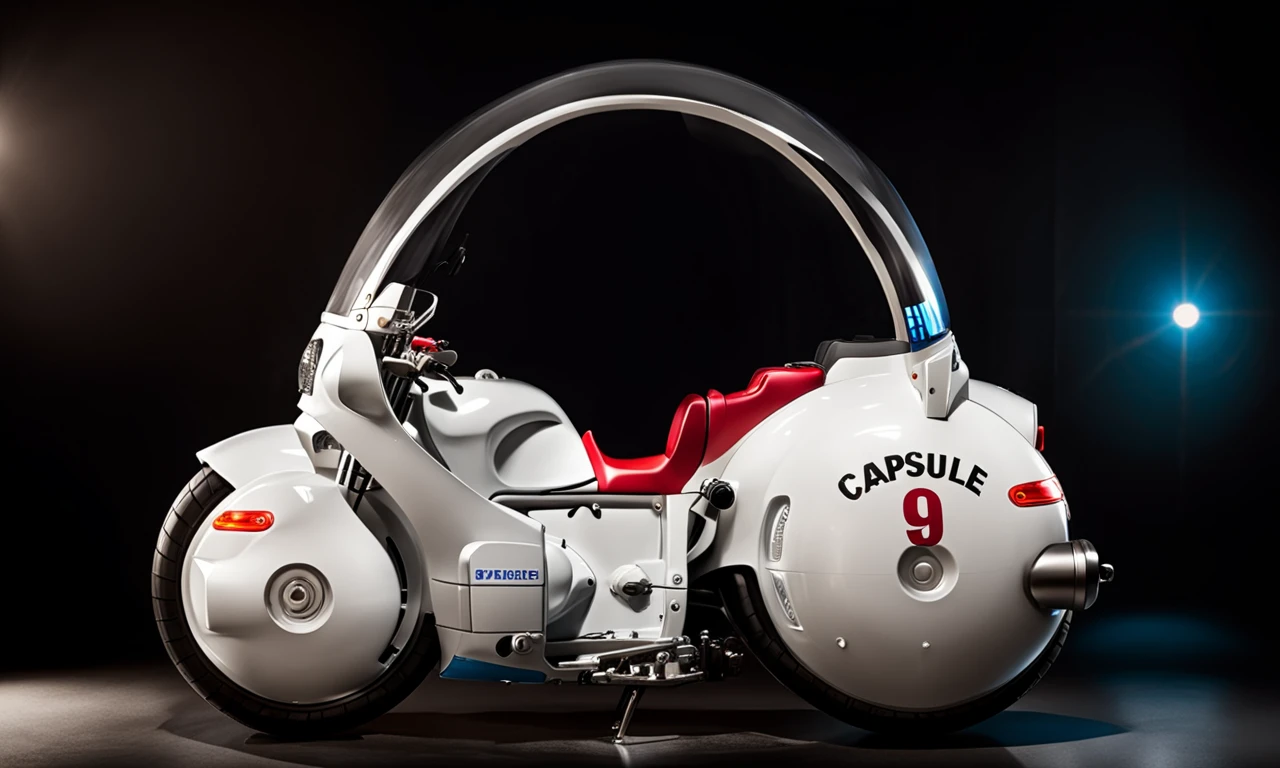 a large round motorcycle with a windshield in dark room, side view, best quality, highly detailed, bokeh, <lora:cap9motosdxl:0.8>, text "Capsule 9",