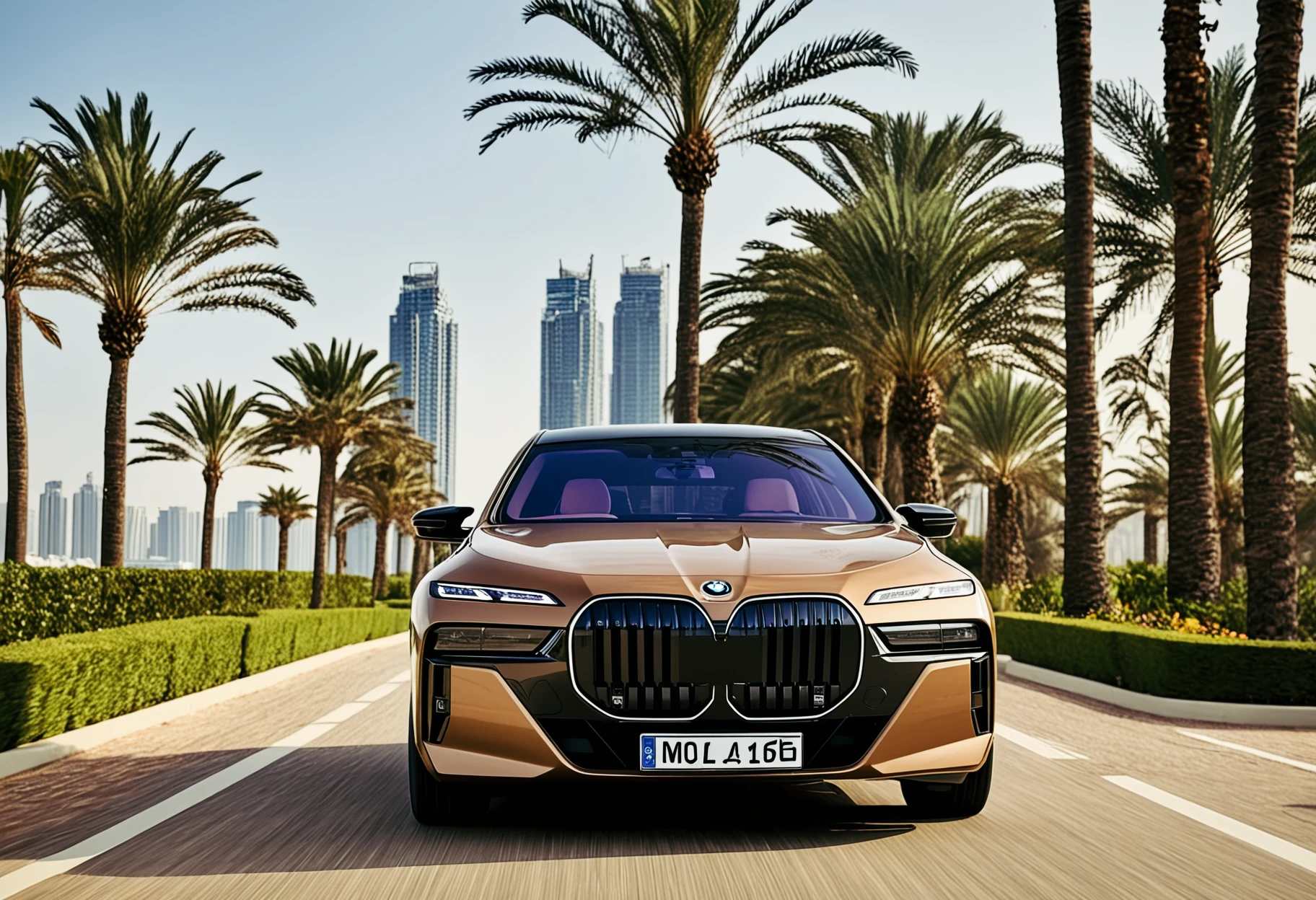 BMW I7, a SILVER BMW I7 car parked on a 
 , The image shows a modern, luxury electric vehicle parked on the side of what appears to be a road. The car has a distinctive design with a large grille and sleek lines. It is colored in two shades, with the front half featuring a darker hue and the rear half in a lighter shade. There are visible badges or logos on the front and rear of the vehicle, but without specific knowledge of the car's make, they can only be described as distinctive design elements. The license plate is clearly visible.

The car is parked in front of a building with a modern architectural style, which includes curved rooflines and large windows that allow for ample natural light to enter the space. In the background, there's a structure with a futuristic design, featuring what looks like a semi-circular overhang or canopy. The overall setting suggests an urban environment with contemporary architecture.

The sky is clear, indicating good weather conditions at the time of the photograph. There are no people visible in the image, and the focus is on the car and its surroundings. 